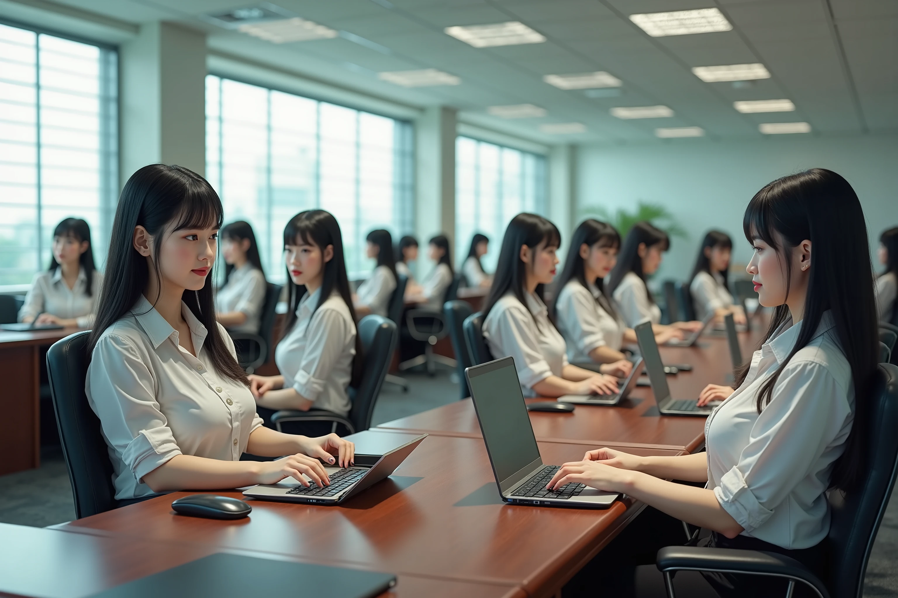(myself = Clone girls, myself only world, Japanese Girls), (Super Best masterpiece Raw Photography Art), (16k, best image quality, ultra high resolution, RAW photos ), (cute, smile, Super Big Breasts , full body depiction, long straight hair, black hair, suit casual office lady fashion), The office of the president's secretary of a large company is large, desk work with PC, reception, myself clone girlsの増殖,