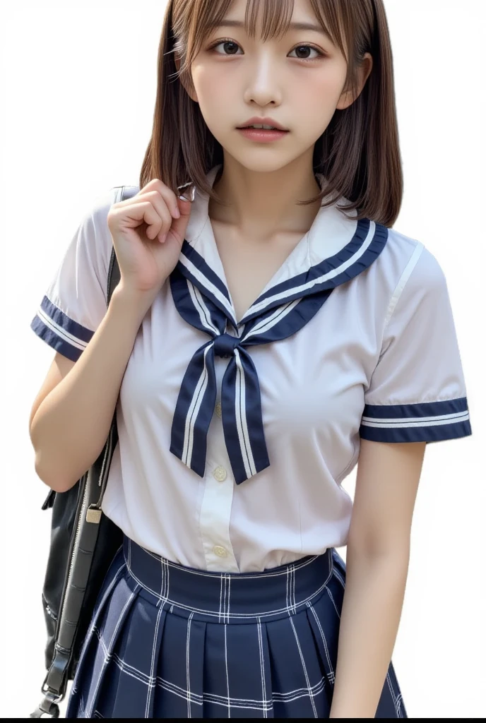 (super highest quality、ultra high resolution、８ｋ、masterpiece:1.3)、beautiful woman with perfect figure:1.4、black hair、school uniform、((sailor suit))、(((((((no background))))))、cute、highly detailed face and skin、fine eyes、double eyelid、thin legs、best smile、(((Lonely)))、best smile、extraordinary beauty、 is 16 rfect proportions、（(raise your index finger)）、tilt your face slightly、unparalleled beauty、navy blue skirt、pleated skirt、mini skirt,(pure white background）