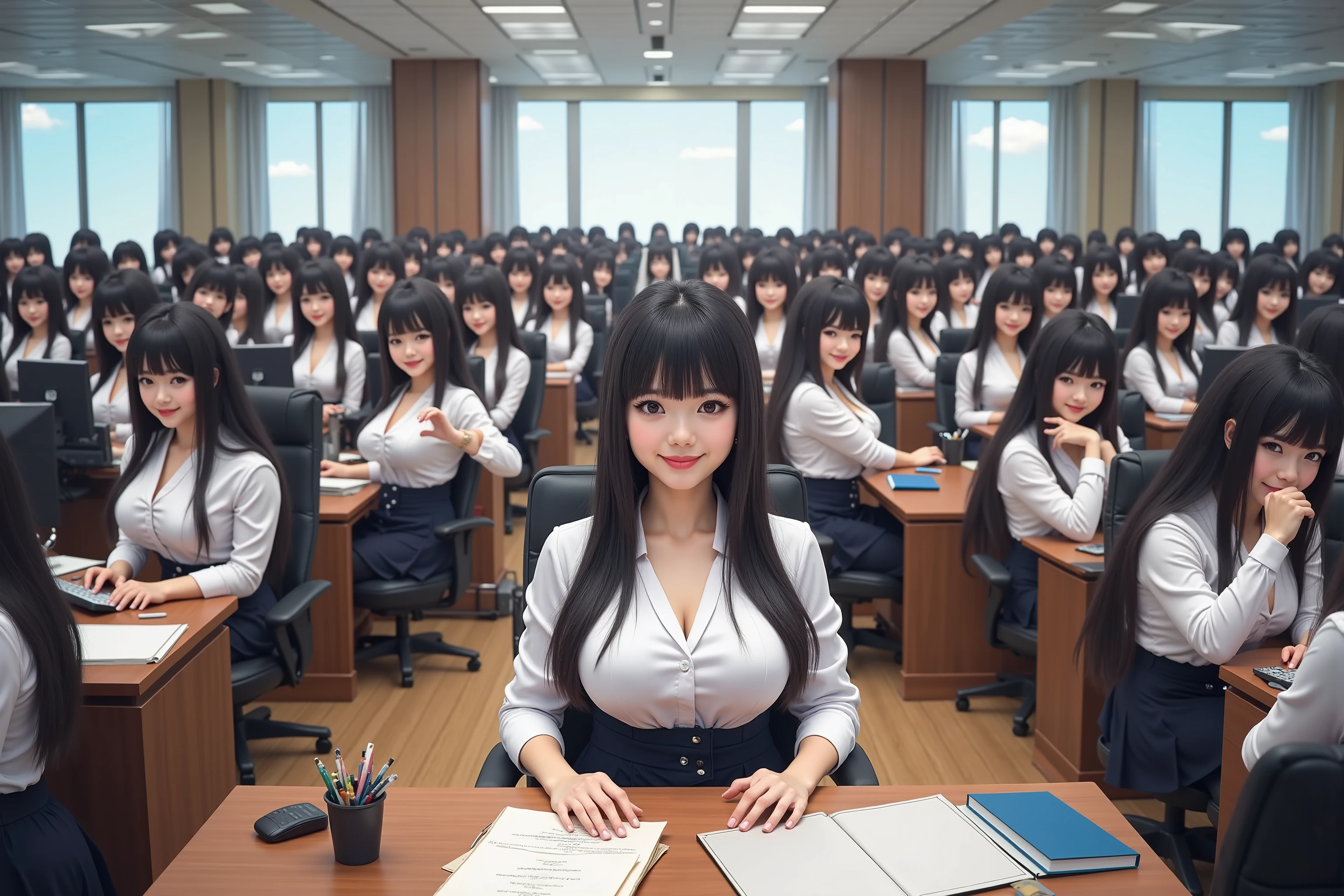 (myself = Clone girls, myself only world, Japanese Girls), (Super Best masterpiece Raw Photography Art), (16k, best image quality, ultra high resolution, RAW photos ), (cute, smile, Super Big Breasts , full body depiction, long straight hair, black hair, suit casual office lady fashion), The office of the president's secretary of a large company is large, desk work with PC, reception, myself clone girlsの増殖,