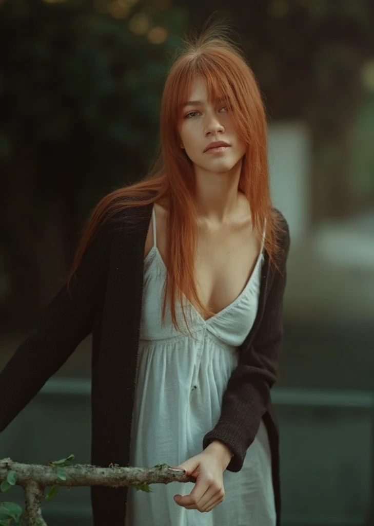 (((HD photo))), ultra high res.photorealistic:. 1.4, UHD, masterpiece, trending on art station, full body  shot, 1girl, pretty, cute face, ((detailed face, detailed eyes, beautiful in the world, soft, delicate, (long red hair), large sagging breasts, slim waist, (wearing buttoned sweater, black legging:1.2), gap between legs, hires textures, intricate details), sunkissed, alley at night, dark alley, midnight, alone, scared, white loose sweater, buttoned sweater,(( very dark:1.2 ))