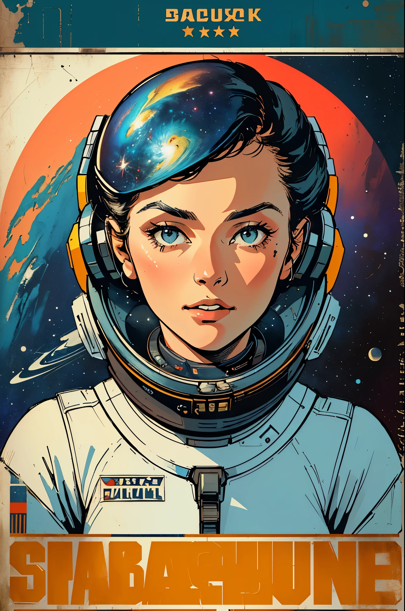 (((masterpiece,best quality))),32K Wallpaper,((( very detailed poster))),retro vintage,sci-fi,(((space thriller cinematic movie poster))),(((Bauhaus))),(((mid-century modern))),(((ultimate galaxy))),(solo1girl :1.2)