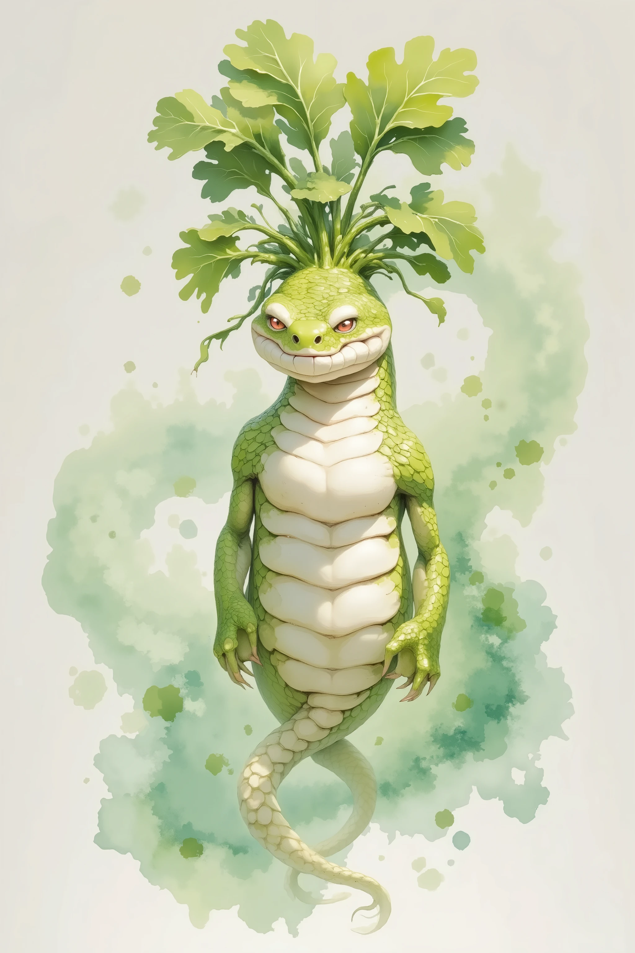 ink watercolor of a green snake, color splashing, pastel coloring, intricate detailed