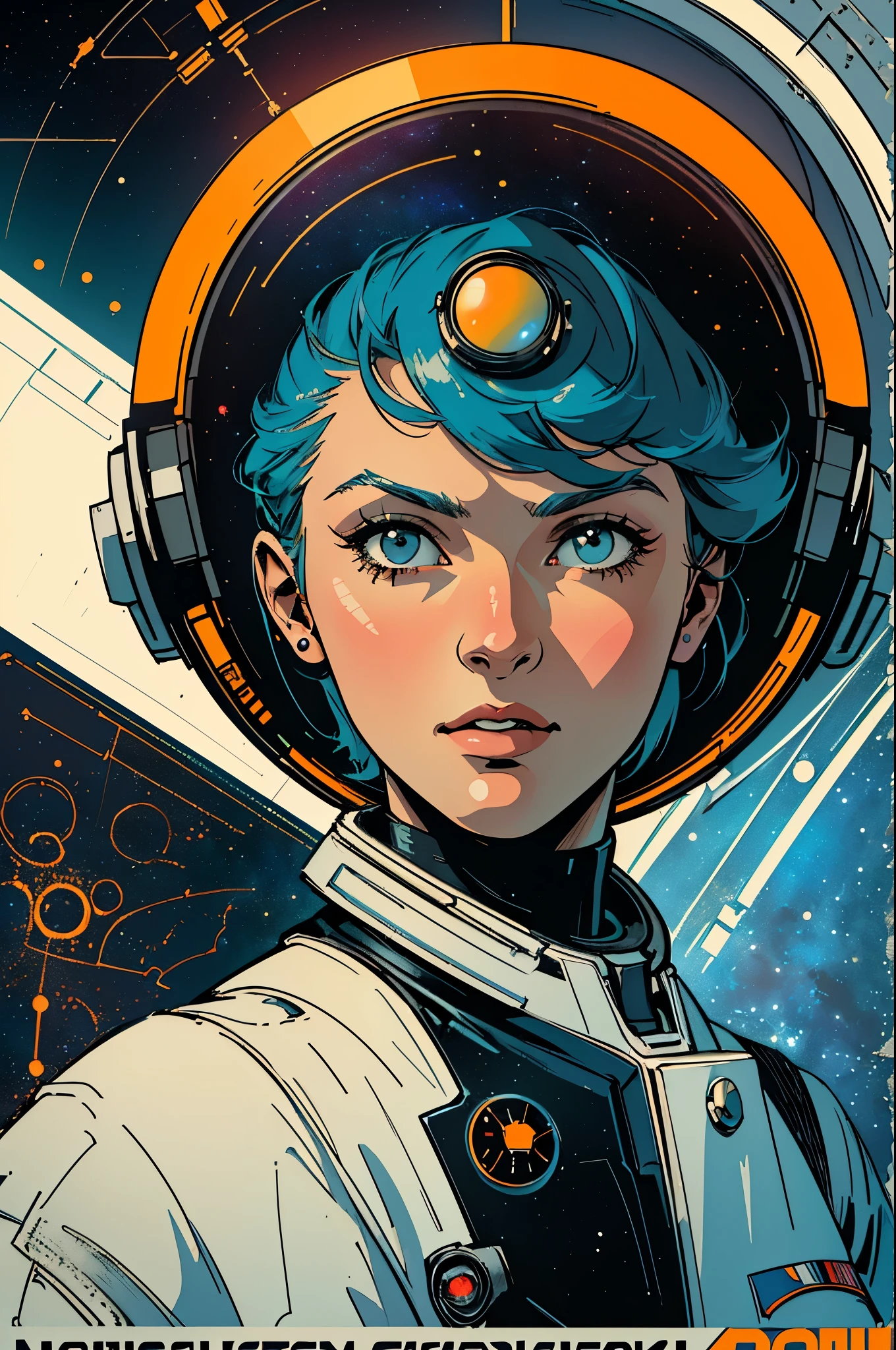 (((masterpiece,best quality))),32K Wallpaper,((( very detailed poster))),retro vintage,sci-fi,(((space thriller cinematic movie poster))),(((Bauhaus))),(((mid-century modern))),(((ultimate galaxy))),(solo1girl :1.2)