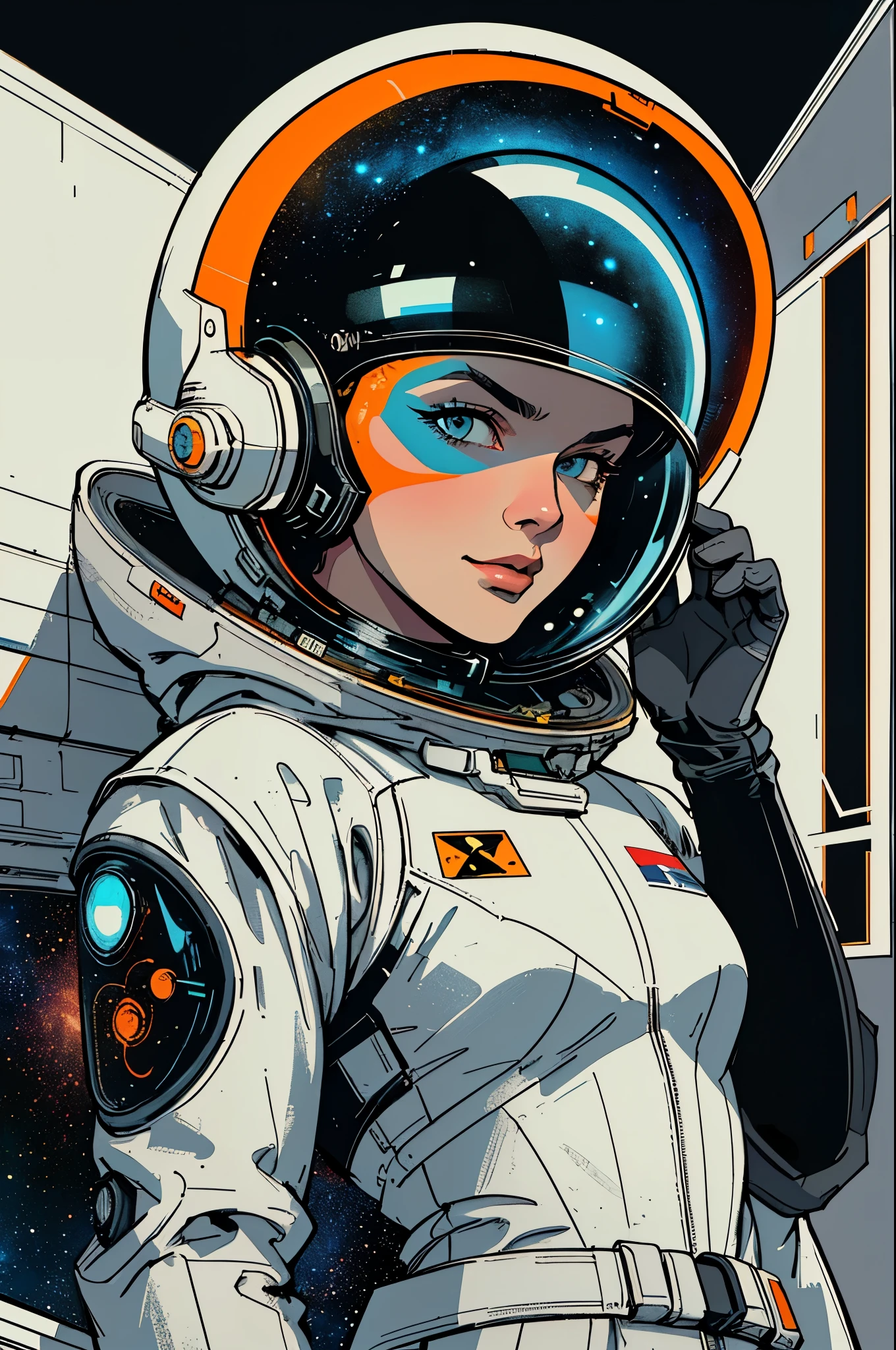 (((masterpiece,best quality))),32K Wallpaper,((( very detailed poster))),retro vintage,sci-fi,(((space thriller cinematic movie poster))),(((Bauhaus))),(((mid-century modern))),(((ultimate galaxy))),(solo1girl :1.2)