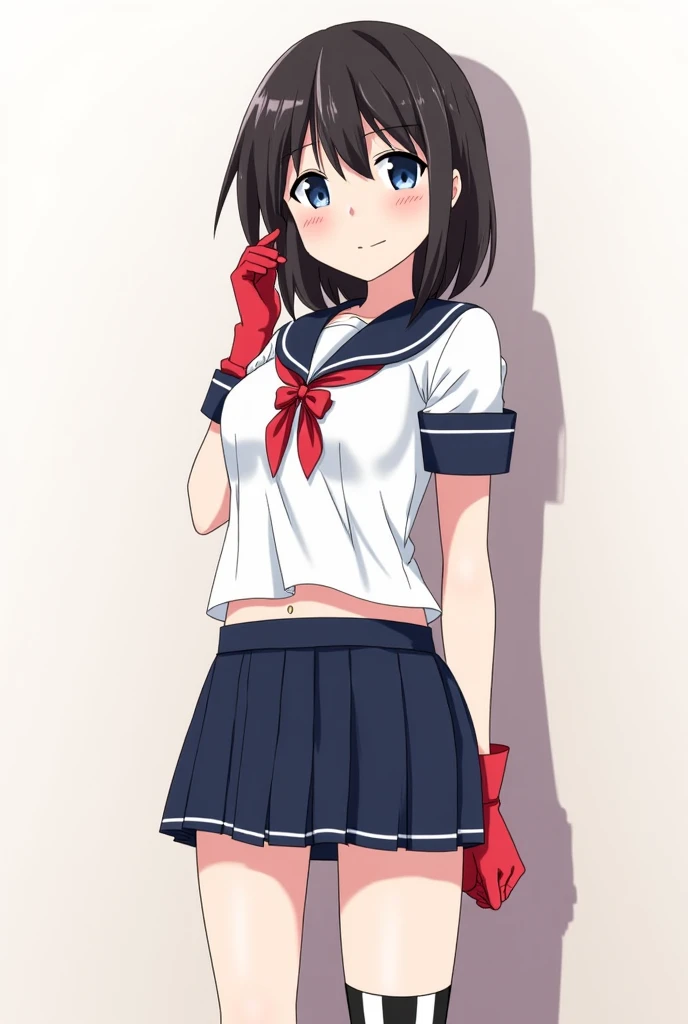 ((masterpiece、Highest quality、Very detailed))、One girl、Black Hair、twintails、blunt bangs、Grey Eyes、evil smile、((Grin))、((Small breasts))、((serafuku))、Short sleeve、belly button、((Navy blue pleated skirt))、Cowboy Shot、((spread legs))、((panties))、Sit on the bed、Shoot from above、Bedroom Background ((( soaking wez ))) (( pissing ))