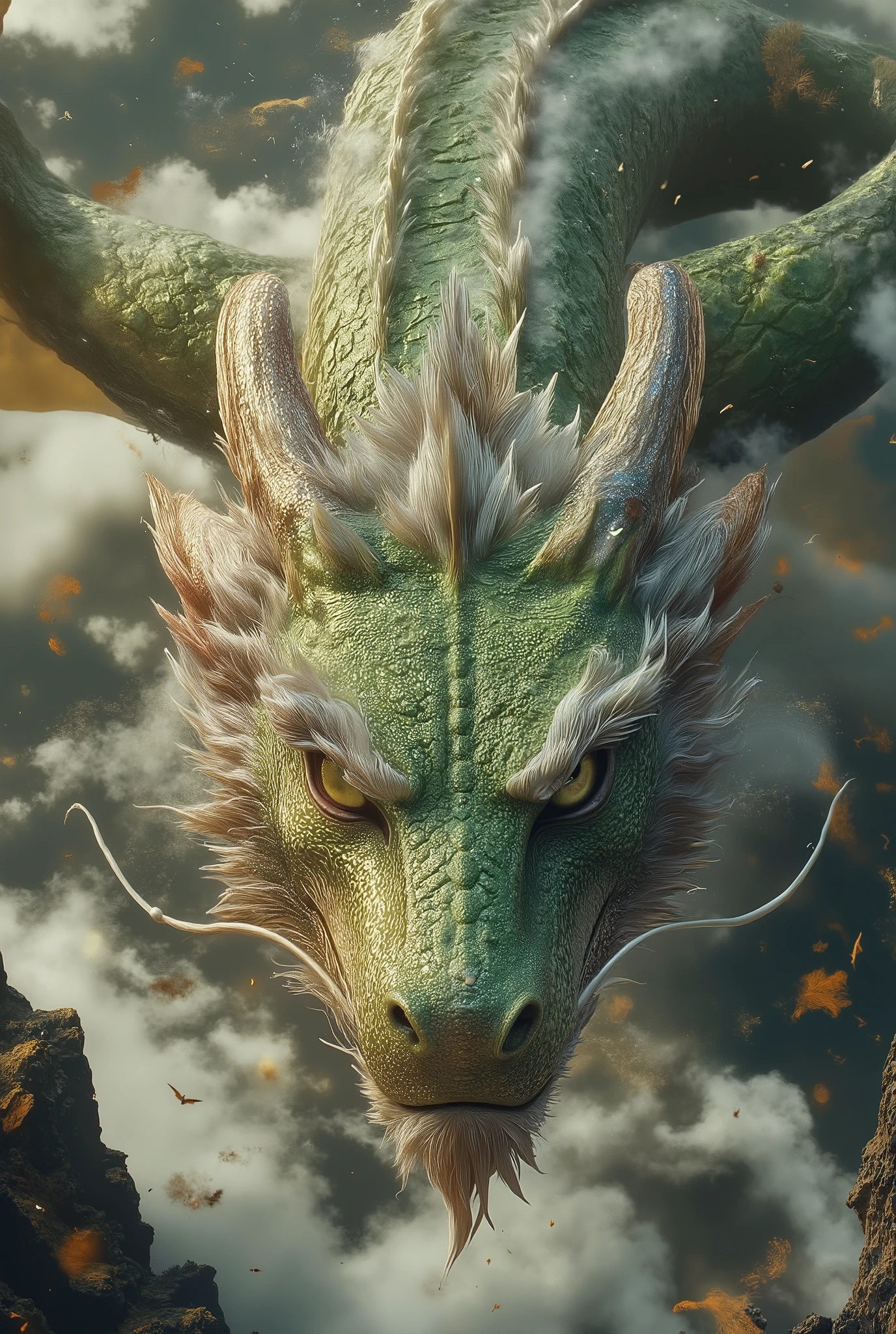 "A graceful wind dragon soars above a vast canyon, its body elongated and streamlined like flowing air currents. Its emerald-green and silver scales shimmer under the golden sunset, while transparent, feather-like wings leave behind a trail of swirling winds. The dragon's piercing white eyes glow like the heart of a hurricane, and every movement it makes distorts the air around it. Ethereal gusts spiral from its wingtips, forming mini cyclones as it glides effortlessly through the sky. Below, the canyon walls are carved by centuries of wind erosion, while scattered dust and leaves rise with the dragon’s power. The cinematic lighting captures the fluid motion of the wind and the intricate textures of its scales. Hyper-detailed, 4K cinematic quality, macro bokeh effects, and dramatic lighting create a mesmerizing and dynamic scene."

