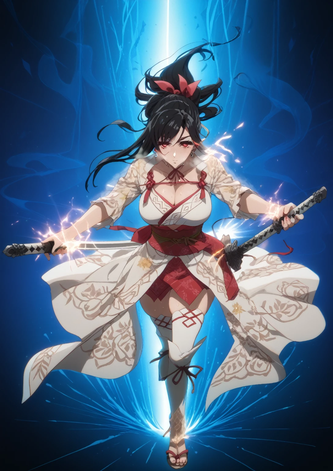 by yoneyama mai
1girl, solo, cleavage, close up
holding weapon, , two-handed sword, huge weapon,
descending, roof, cherry blossoms, flower printed, ancient fortress, weathered stone walls, fuji, mountainous horizon, night, fog, full moon, architectural style,
beautiful, aesthetic, detailed, beautiful color
amazing quality, best quality, high quality