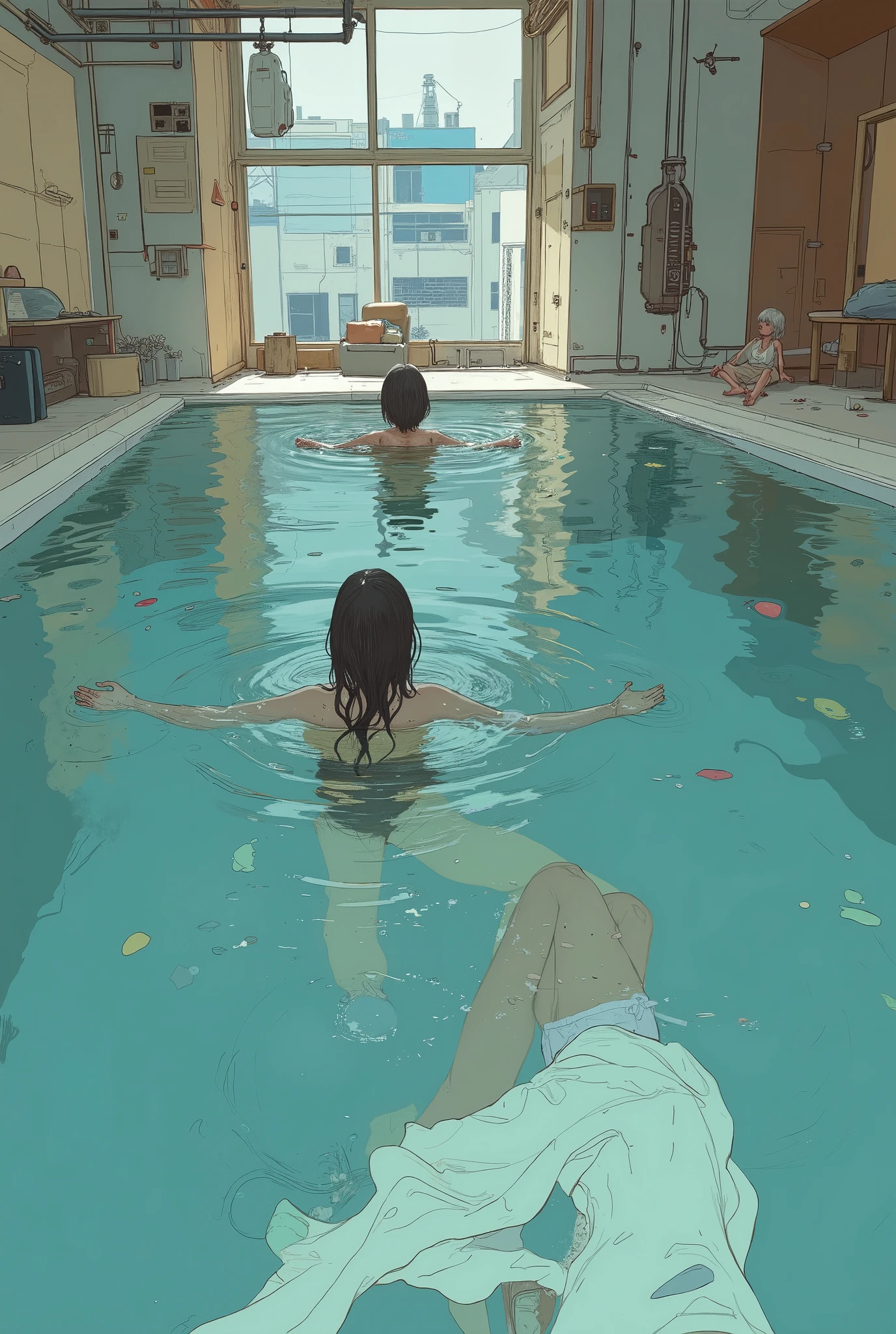 Pool parties, lively pool, playing water, by Satoshi Kon, full body, best quality, masterpiece, very aesthetic, perfect composition, intricate details, ultra-detailed, vivid colors