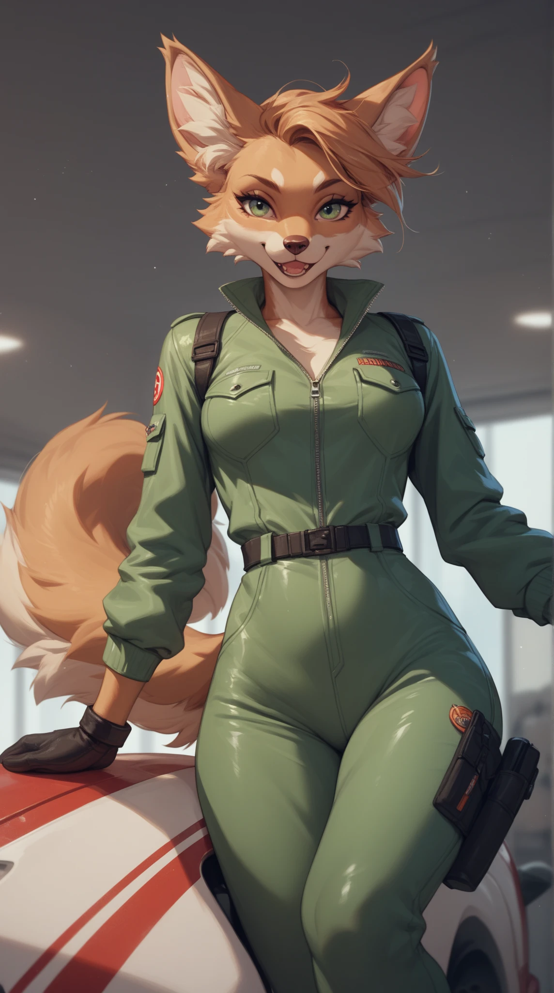 Lt. Fox Vixen, cute, rear view, looking back, wide hips, skinny waist, best quality, 4k, 1girl, panties, sweat, realistic fur, hands on table, big ass