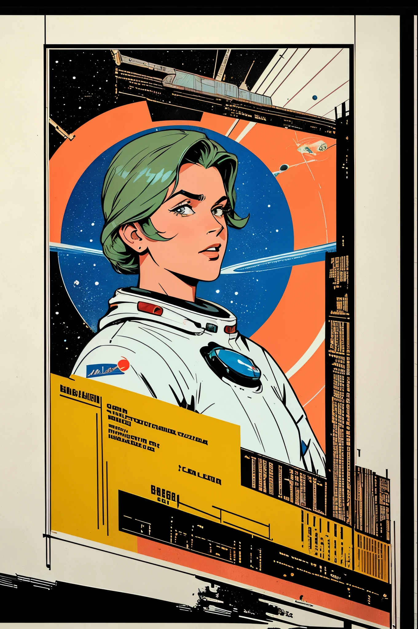 (((masterpiece,best quality))),32K Wallpaper,((( very detailed poster))),retro vintage,sci-fi,(((space thriller cinematic movie poster))),(((Bauhaus))),(((mid-century modern))),(((outer heaven))),(solo1girl :1.2)