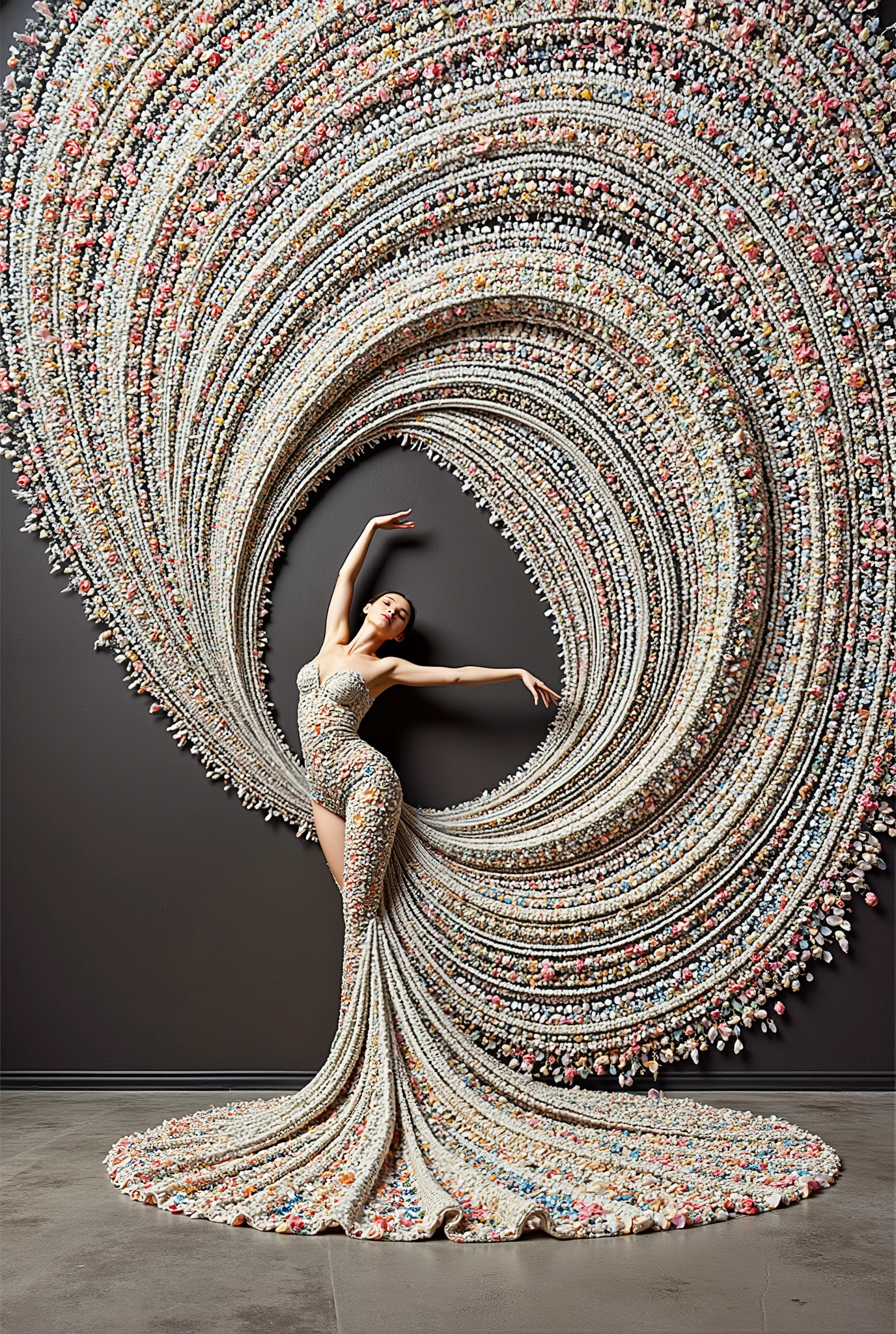 (very flexible body) A full background, minimal collage artwork featuring a wide and long piece of white color blanket made of small flower petals covering and envelop a part of the body of a beautiful russian ballerina women in big white hat, small petals dress, The ends of the flower petal cloth fly up and stick to the wall expands upwards forming a beautiful luxurious and majestic blanket shape(symmetrical shape) stuck to the wall , black wall, Unique poses with flexible bodies, strange poses, unique and beautifu pose against the middle of wall, low light, beautiful and unique masterpiece. very detailed, high resolution, in terms of beautiful appearance, beautiful art, like a beautiful logo,Elegance,SurrealArtStyle,Elegance,Composition