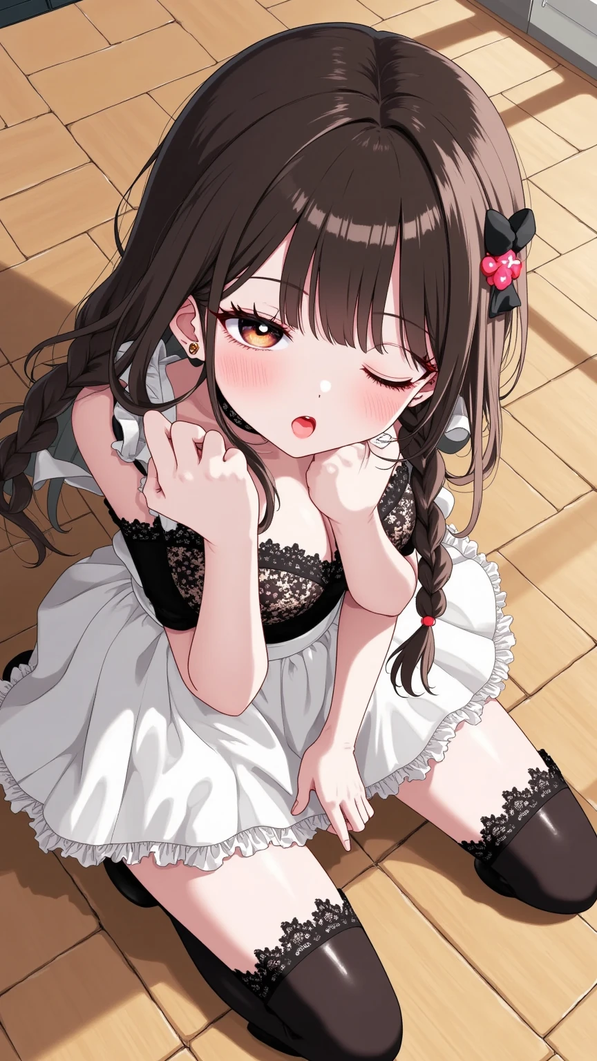 (Dark hair),(Curly hair with a lot of fluff:1.4),(Long, curly hair:1.3),(With bangs),(Blue eyes:1.25),Slight red tide,(Beautiful breasts spilling out of clothes:1.3),(Her eyes are sparkling:1.2),(Eye size:1.7),(white liquid on the wall:1.5),(Maid clothes with cute designs:1.4),(active movement:1.4),(place々lacy obscene clothes:1.3),(asymmetric skirt:1.25),(Face in love:1.1),(Unfocused eyes:1.25),(AHE Face:1.2),(I'm happy while climaxing:1.25),(A space full of hearts:1.25),(Upper viewpoint:1.35),(close up:1.45),(close up of face:1.5),(薄暗い雰囲気の場place),(Shiny:1.4),(NSFW:1.25),(Hold the white contraceptive in your mouth:1.45),(Both hands become weak、lethargy:1.4),(Spread your legs to show your vagina:1.35),(公衆便placeのメイド:1.3),