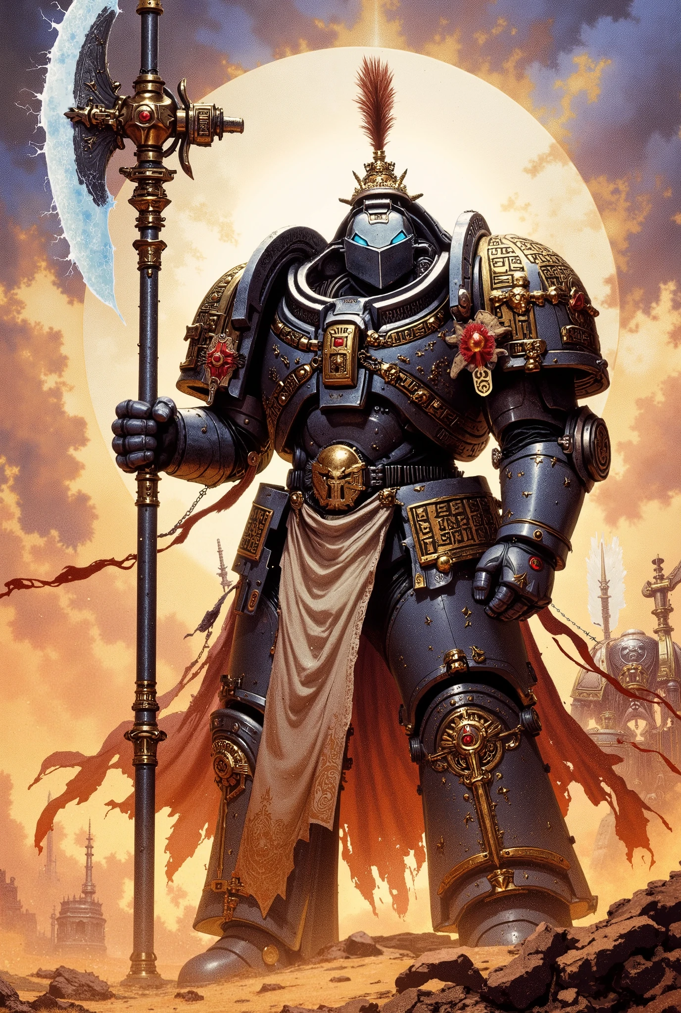 Anime, Illustration art, Absurd resolution, high resolution, (masterpiece: 1.4), hyper-detail, warhammer 40k, upper body, glowing weapon, cloak, armor, trimmings, 1man, bulky, buff, plume, loin cloth, crusader helmet, reference sheet, iron halo, BlackT40k, full shot, Holding_Halberd, power armor, Solo, war zone desert, action pose, oversize pauldrons, solo, mvpstrCE style, Title: "Warhammer 40K", Subtext: "For the EMPEROR!"