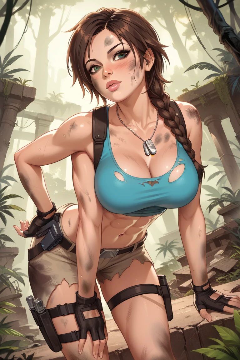 anime_source, (masterpiece), best quality, expressive eyes, perfect face, score_9, score_8_up, score_7_up, 1girl, lara croft, abs, braid, breasts, brown eyes, brown hair, holster, large breasts, lips, looking at viewer, navel, solo, thigh holster, thigh strap, toned, dog tags, fingerless gloves, crop top, tank top, post-apocalypse, ruins, jungle, tree, bluryy bacckground, outdoors, overgrown, midriff, torn clothes, dirty, dirty body, dirty clothes, 1girl, anus, bdsm, bound, bound arms, bound legs, bound wrists, dirty, femdom, labia, pussy, restrained, rope, closed mouth, smile, solo, uncensored, bend knees, legs up, legs together, nipples, lying