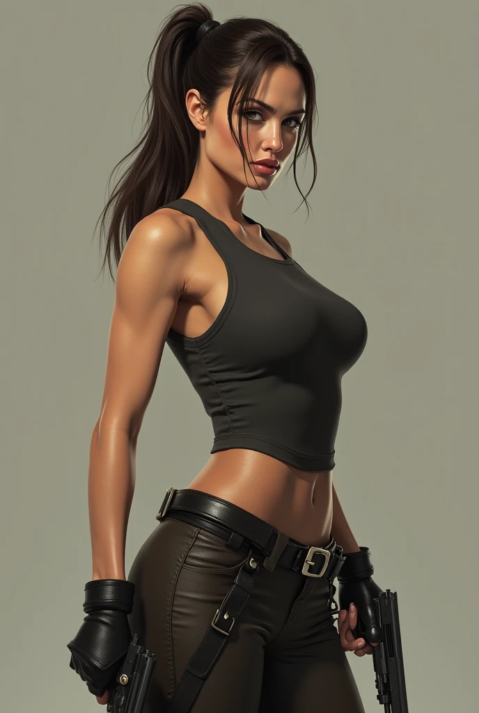 Gorgeous european woman with very short straight hair, ponytail, wet hair, hair slicked back, combed straight back, slick hair, streaked caramelblonde hair, seductive, dressed as lara croft tomb raider, cleavage, solid dark grey background