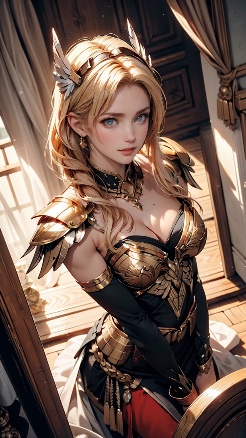 Smiling 1girl with bionic arms in steampunk fashion, captured in ultra high resolution with photorealistic and beautiful lighting. This masterpiece is of the best quality and is set against a zentangle abstract background (weighted at 1.4)., blonde hair, small waist