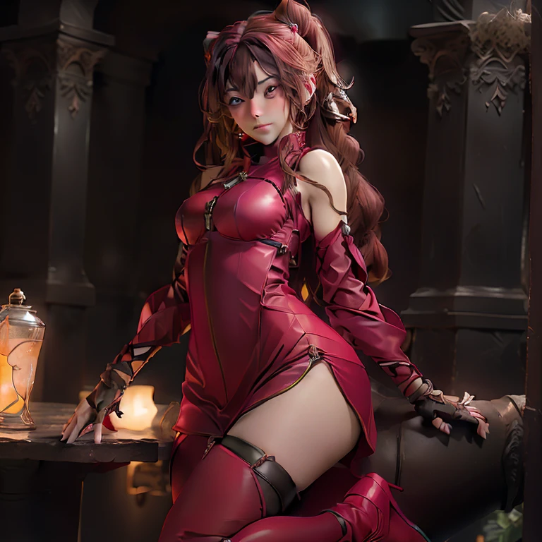 (Best quality,4K,8K,A high resolution,Masterpiece:1.2), Ultra-detailed,(Realistic,Photorealistic,photo-realistic:1.37), Amazingly beautiful girl with fiery red hair, eery,ellegance, Enchanting eyes, Angel wings, Dressed in medieval armor. Crimson roses were scattered on the ground, Leather gloves, Slender legs, Fire red high heels.