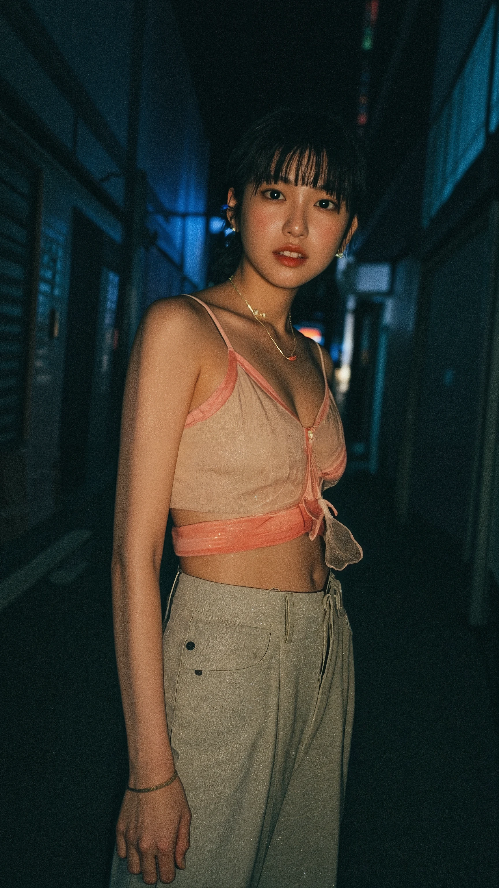 (ultra-realistic, 8K, highly detailed masterpiece:1.5), (nighttime urban alley, empty and moody:1.4), (intense flash photography, harsh lighting reflecting on skin:1.4), (breathtakingly beautiful young Japanese woman, bold and confident presence:1.4), (upper body to mid-thigh framing, emphasizing toned legs and candid posture:1.4), (summer season, daring and minimalistic outfit, sleek and form-fitting, bright colors:1.4), (glossy skin reflecting light, capturing the raw impact of flash:1.3), (low-angle shot, enhancing strength and allure:1.3), (high contrast lighting, deep shadows and bright highlights:1.3), (cinematic street photography, fashion-forward and edgy composition:1.3)