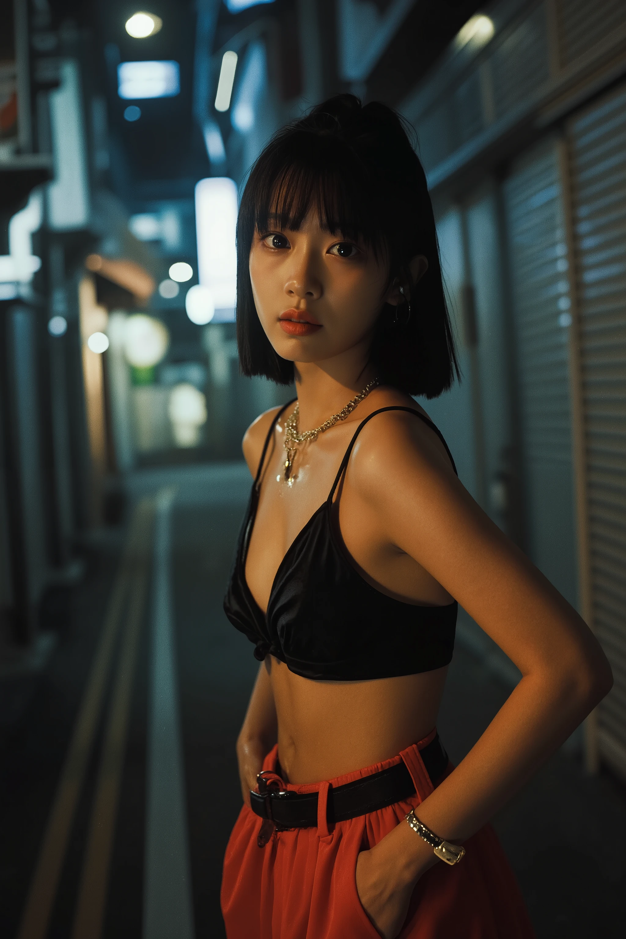 (ultra-realistic, 8K, highly detailed masterpiece:1.5), (nighttime urban alley, empty and moody:1.4), (intense flash photography, harsh lighting reflecting on skin:1.4), (breathtakingly beautiful young Japanese woman, bold and confident presence:1.4), (upper body to mid-thigh framing, emphasizing toned legs and striking posture:1.4), (summer season, daring and minimalistic outfit, sleek and form-fitting, bright colors:1.4), (glossy skin reflecting light, capturing the raw impact of flash:1.3), (low-angle shot, enhancing strength and allure:1.3), (high contrast lighting, deep shadows and bright highlights:1.3), (cinematic street photography, fashion-forward and edgy composition:1.3)