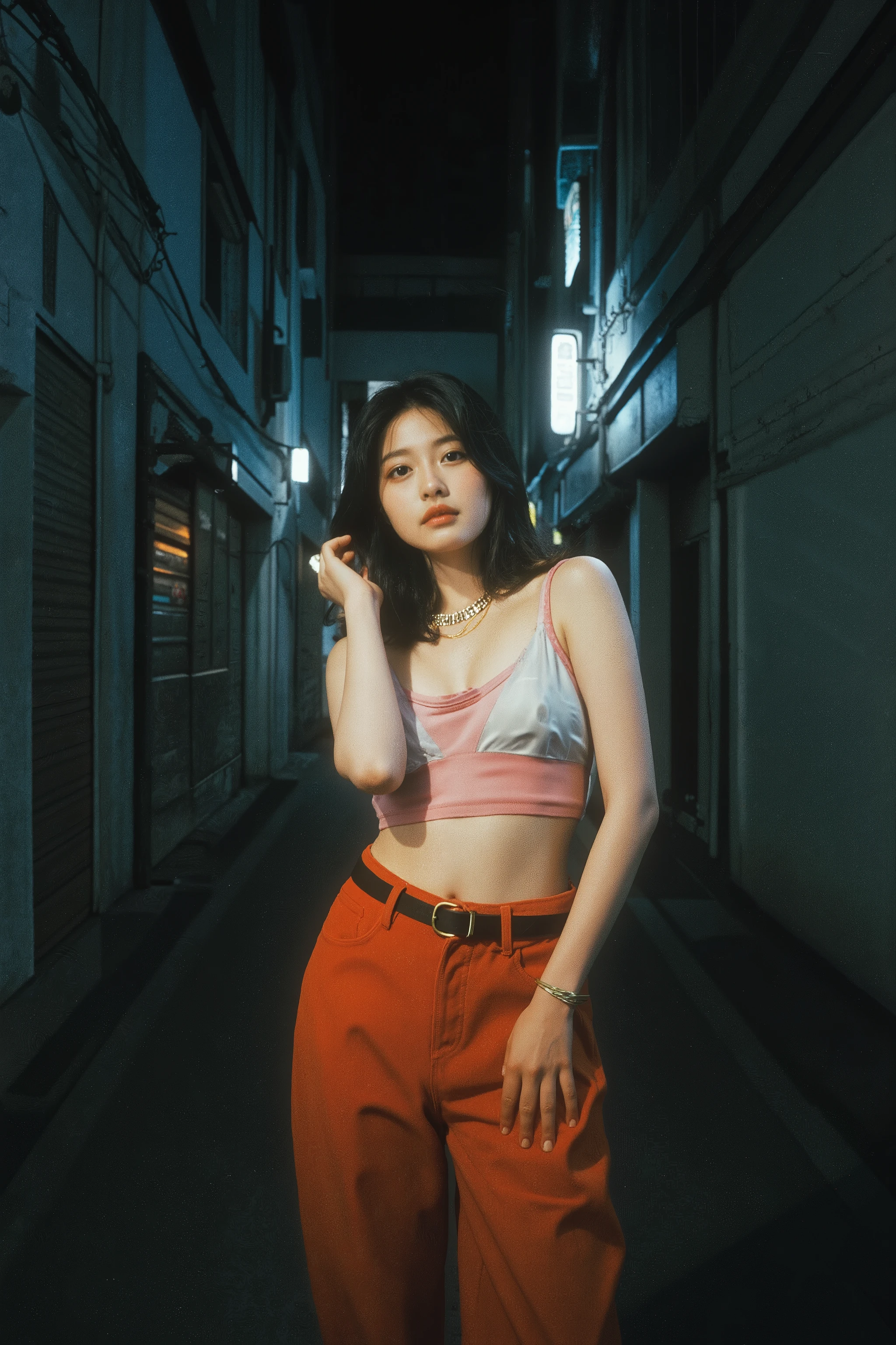 (ultra-realistic, 8K, highly detailed masterpiece:1.5), (nighttime urban alley, empty and moody:1.4), (intense flash photography, harsh lighting reflecting on skin:1.4), (breathtakingly beautiful young Japanese woman, bold and confident presence:1.4), (upper body to mid-thigh framing, emphasizing toned legs and candid posture:1.4), (summer season, daring and minimalistic outfit, sleek and form-fitting, bright colors:1.4), (glossy skin reflecting light, capturing the raw impact of flash:1.3), (low-angle shot, enhancing strength and allure:1.3), (high contrast lighting, deep shadows and bright highlights:1.3), (cinematic street photography, fashion-forward and edgy composition:1.3)
