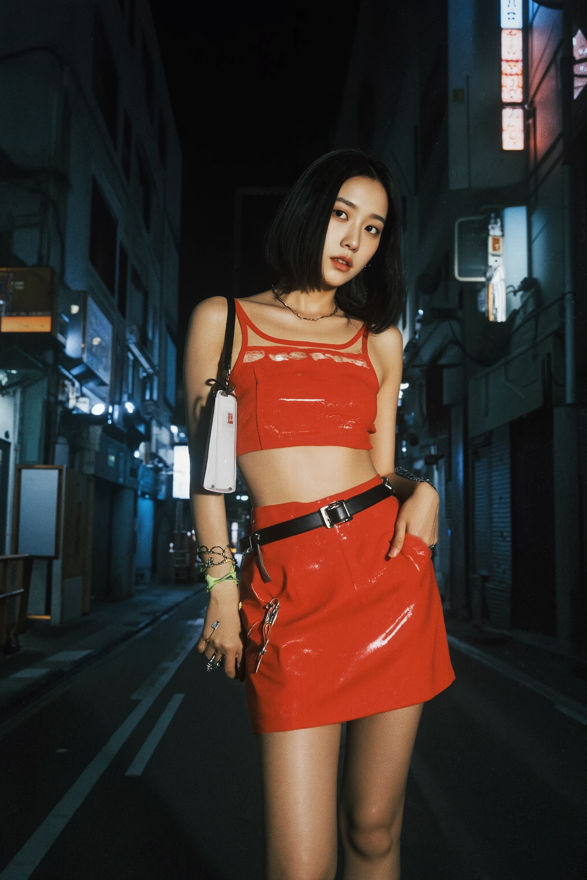 (ultra-realistic, 8K, highly detailed masterpiece:1.5), (nighttime urban alley, empty and moody:1.4), (intense flash photography, harsh lighting reflecting on skin:1.4), (breathtakingly beautiful young Japanese woman, bold and confident presence:1.4), (upper body to mid-thigh framing, emphasizing toned legs and candid posture:1.4), (summer season, daring and minimalistic outfit, sleek and form-fitting, bright colors:1.4), (glossy skin reflecting light, capturing the raw impact of flash:1.3), (low-angle shot, enhancing strength and allure:1.3), (high contrast lighting, deep shadows and bright highlights:1.3), (cinematic street photography, fashion-forward and edgy composition:1.3)