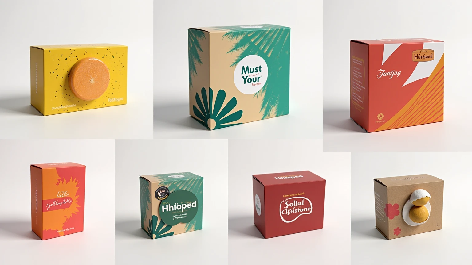 Custom Packaging Design Examples: A collage showcasing various custom packaging designs, including unique box shapes, vibrant colors, and creative branding elements.
