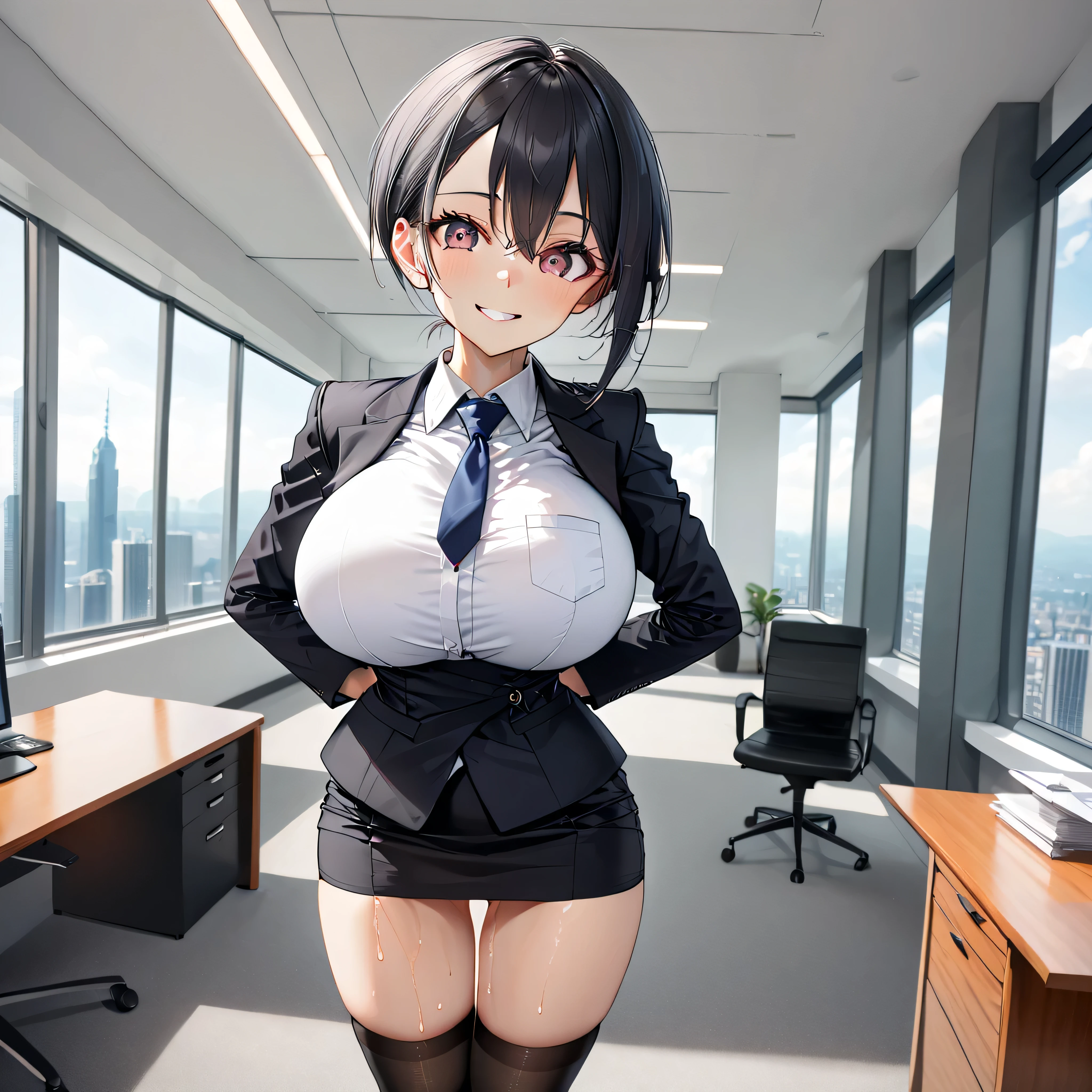 masterpiece, landscape, office room, skyscrapers in distance, BREAK, (1 skinny girl standing), arched back, arms behind back, (bouncing breasts), smile for viewer, BREAK, business suits, (black blazer cinches chest:1.3), white blouse under blazer, necktie, (black short pencil skirt cinches underbust too tight:1.1), tight skirt, thigh gap, (black thighhighs), stiletto heels, BREAK, narrow shoulders, (bursting large breasts), (too short torso), (too narrow waist), (too short waist), (small stomac), (skinny hip), (long skinny legs), BREAK, puffy nipples covered by blouse, BREAK, (pussy juice dripping down between thighs), orgasm
