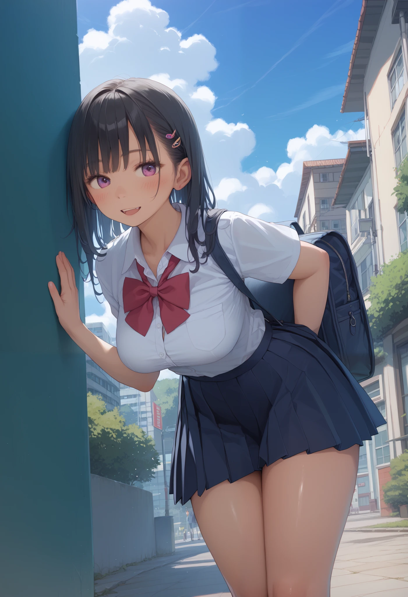 highest quality, super detailed, Masterpiece, ultra high resolution, 8k、(1080P), delicate、( high image quality)、pencil、 anime style、 school uniform, thighs、 black hair、Big Breasts、 thighsソックス、 skirt、 lifts skirt with her hands、 white panties 、 are standing