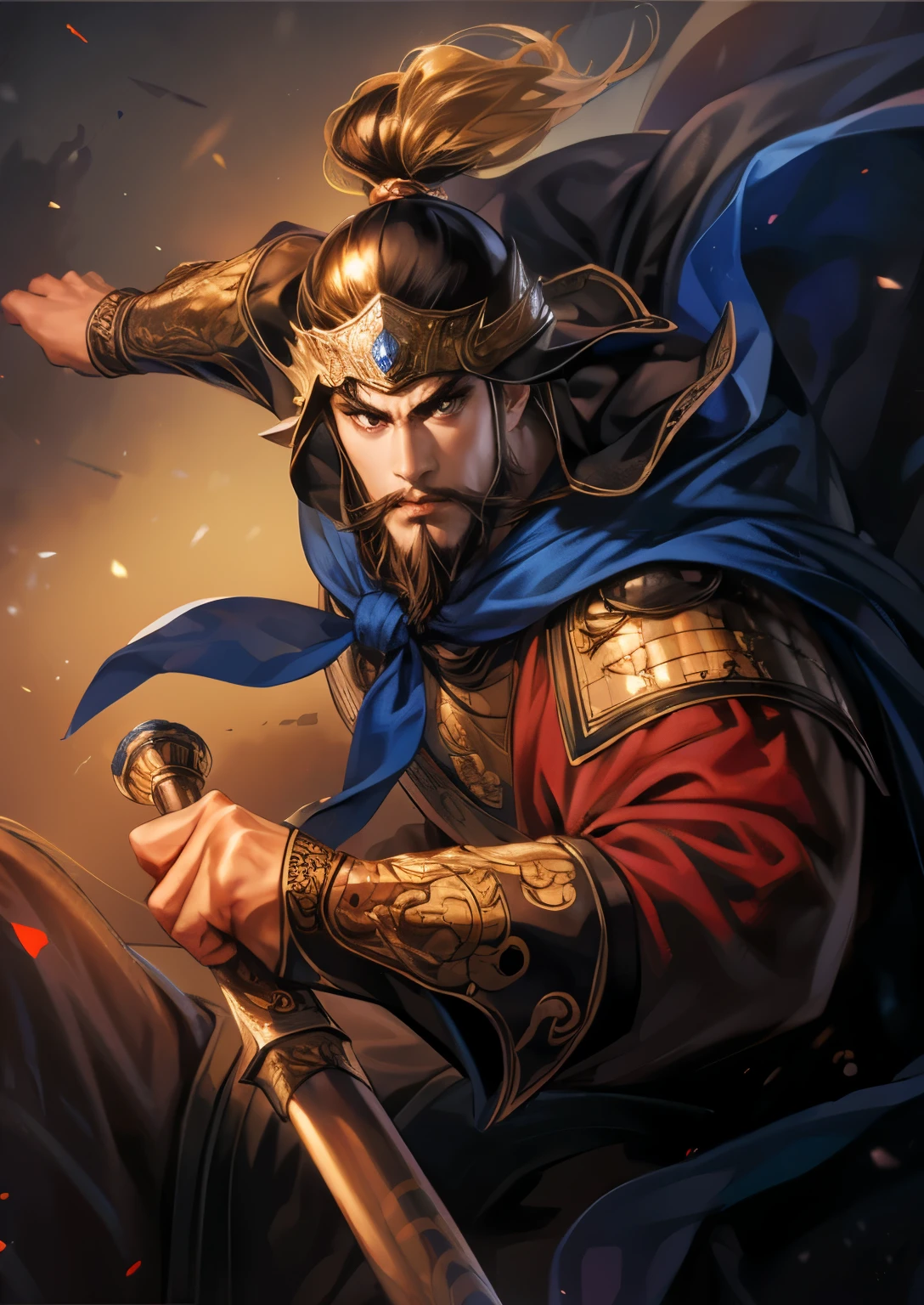 ((( picture style maintenance ))), Koei Three Kingdoms illustration, Maintain the composition, charming man , Strong man , rich beard, ((Black Cloak)), perfect face, perfect hands, Natural Hands