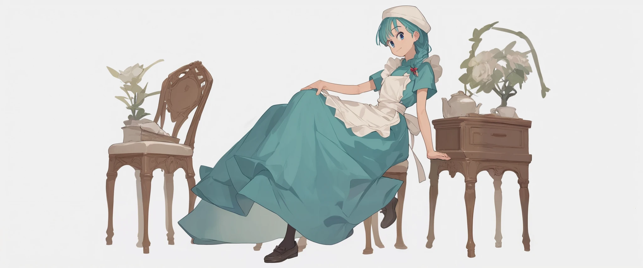 1 girl apron black _ footwear black _Legwear Blue_ eye braid dress full _body hin long_Dress View_in_ viewer made _ apron shoes smile solo standing transparent_ background white _headwear score_9, score_8_ up the side, score_7_ up the side, score_6_ up the side, score_5_ up the side, score_4_ up the side, BREAK source_Anime, Masterpiece、 sit on a chair、The dress flips up、I can see Bulma