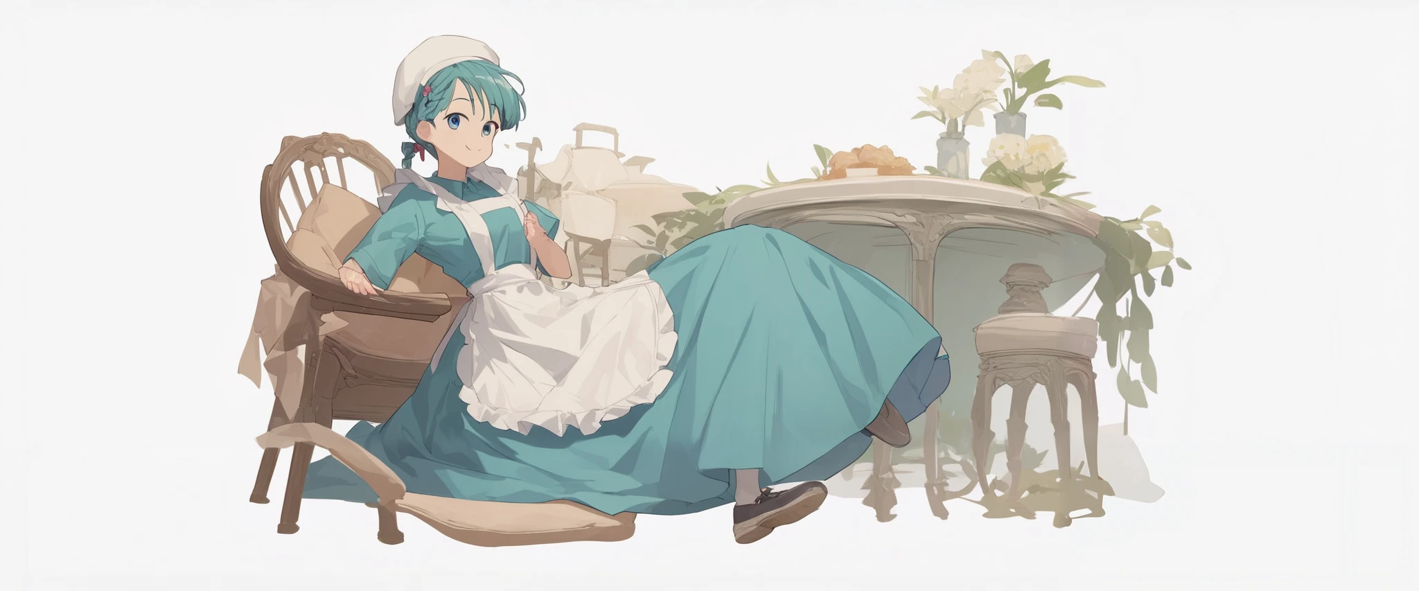 1 girl apron black _ footwear black _Legwear Blue_ eye braid dress full _body hin long_Dress View_in_ viewer made _ apron shoes smile solo standing transparent_ background white _headwear score_9, score_8_ up the side, score_7_ up the side, score_6_ up the side, score_5_ up the side, score_4_ up the side, BREAK source_Anime, Masterpiece、 sit on a chair、The dress flips up、I can see Bulma