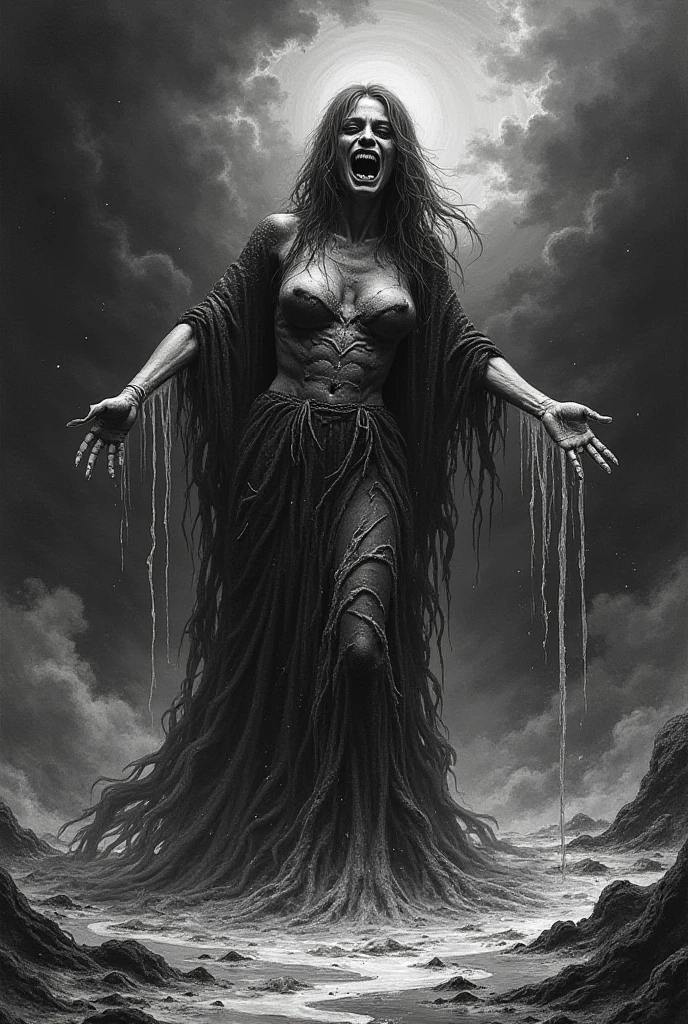 macabre style heart of the Black Desert a ral-dissolve woman cloaked in shadow stands, solo, her form a deeper shade within the all-encompassing darkness, performing a mysterious ritual known only to her, moving with precision and grace through the thick tangible obscurity that surrounds her, the ritual carving pathways of emptiness into the void itself, a massive harvest moon in the background, moon light filters through the darkness illuminating her form, crows gather around her drawn to the enigmatic aura of this sculptor of the unseen, style of Russ Mills and Tyler Shields. SimplePositiveXLv2, . dark, gothic, grim, haunting, highly detailed,