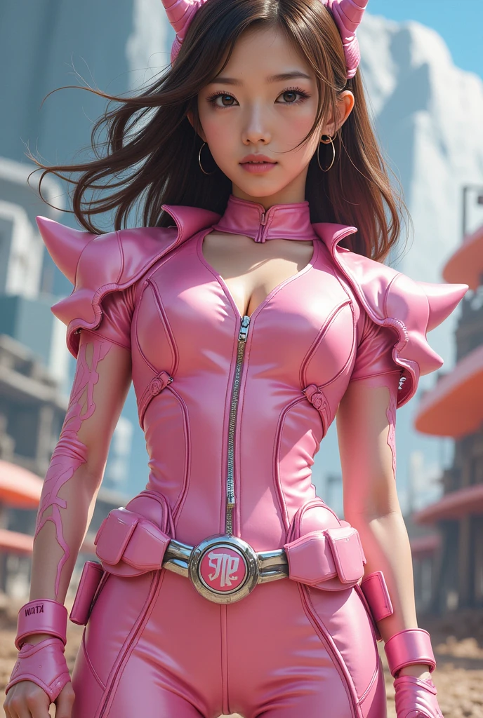 tokusatsu, Superhero,Tokusatsu Pink, (8K, Raw photo:1.2)Detailed face and eyes,Best Quality, 超A high resolution, Highly detailed ,intricate detailes ,masutepiece ,Cute Girl , Soft cinematic light, Hyper-detailing,Sharp Focus, High quality, tits out
