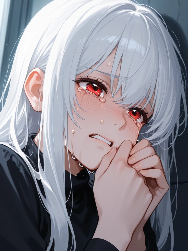 digital drawing,Portrait of a beautiful woman, cried, sad, tears of blood, suffering,only part of the face, long white hair,