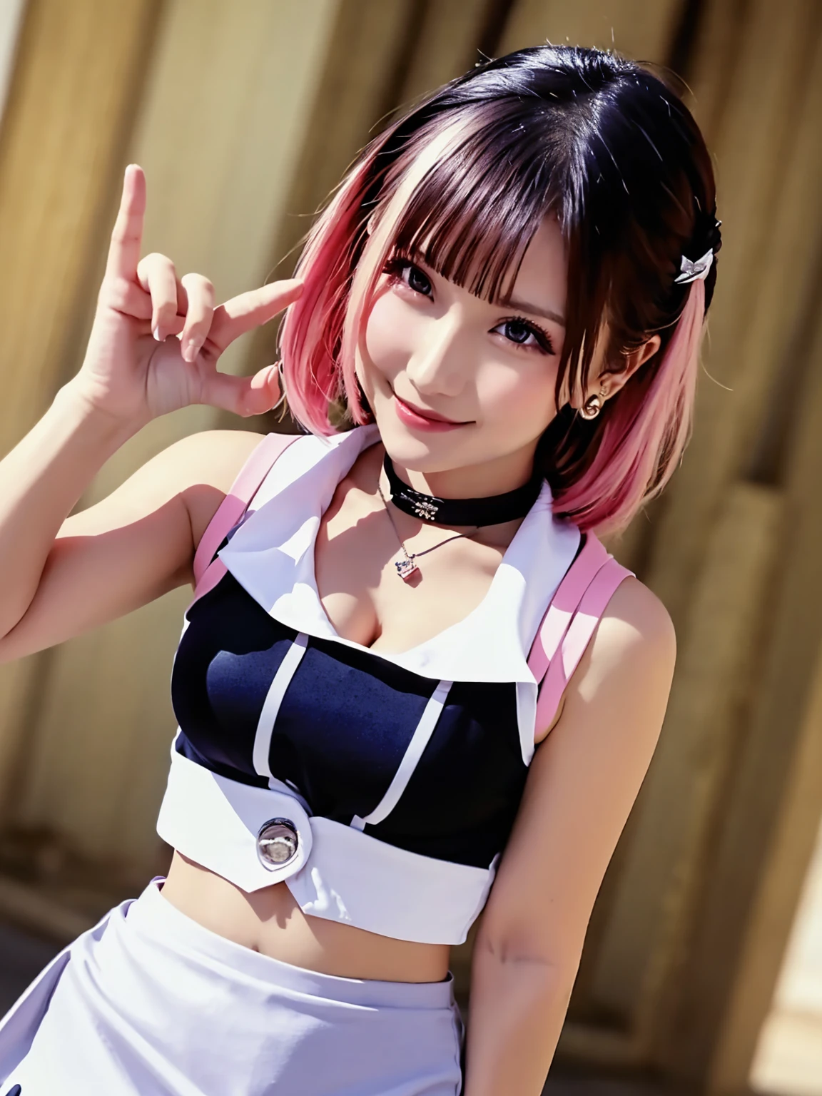 (Photorealsitic:1.4)、one-girl、(top-quality)、(com rosto detalhado)、(Super well-formed face)、(Silver)、(full bodyesbian)、(Moe Pose)、(Slender body)、(Model body type)、(is looking at the camera)、(brunette color hair)、(１０Head and body)、(a small face)、(heartthrob)、(frontage)、(Stand with your legs spread)、(Hands on hips)、(Photo session)、(Looks sad)、(Gold button)、(sleeve less)、(A miniskirt)