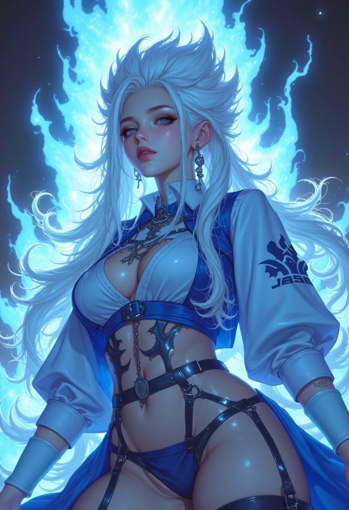 An anime-style featuring a single,She has a gorgeous appearance with very long, vibrant Beautiful white hair that glows with an . She wears stylish, clothes that highlight her figure and include jewelry, such as earrings. The scene is set combat ready adding a dreamy, ethereal quality. The woman is depicted in a powerful, 'Super Saiyan -like transformation, blue colors , giving her a striking and otherwor ciothesldly presence. The image captures her full body with an emphasis on elegance and intensity.full body,full figure.Colorful colors beautiful costume. , full HDR, perfect anatomy, depth of field