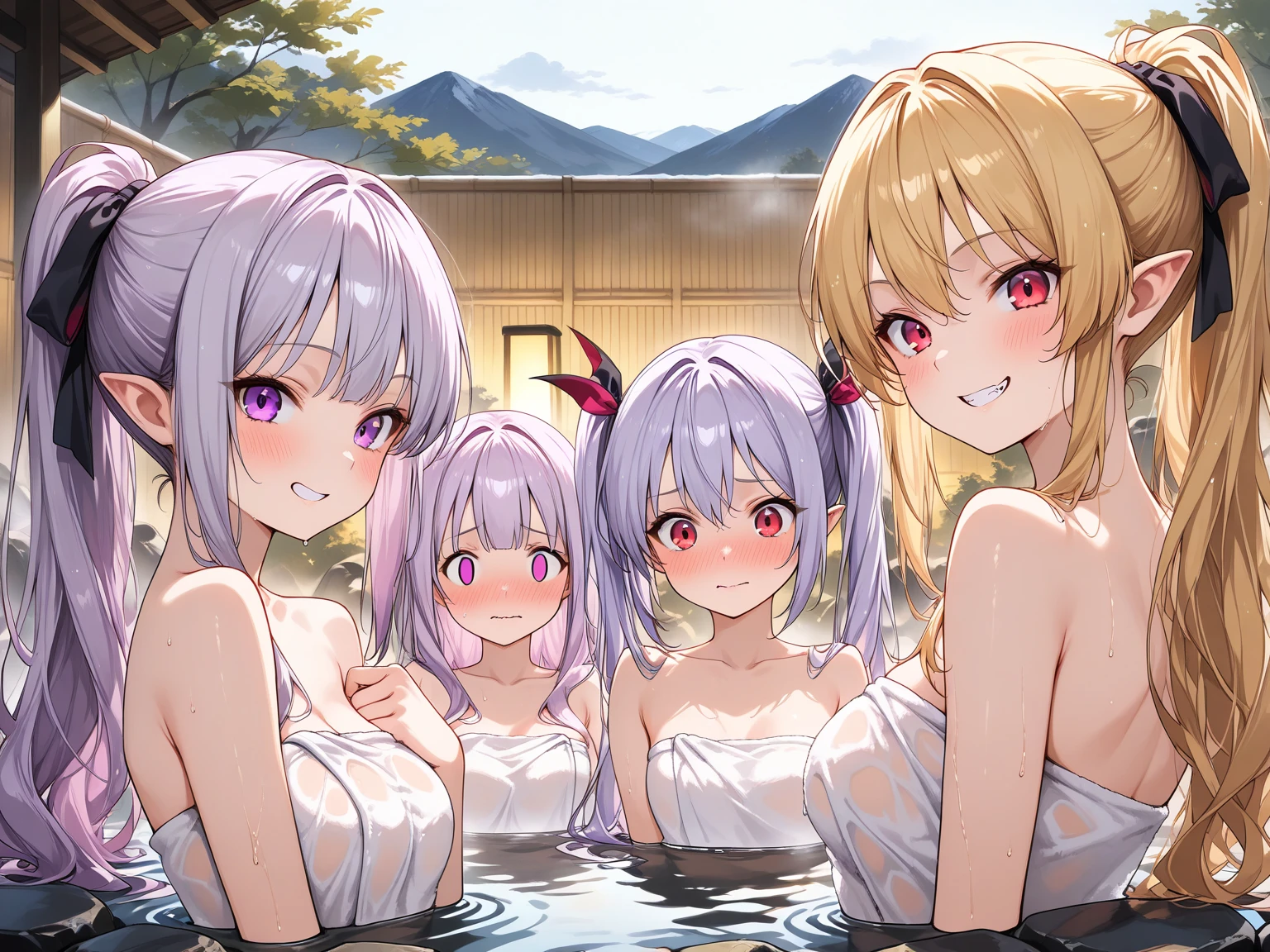 highest quality,masterpiece,((2 girls:1.5)),((smile:1.3)),(blush:1.3),((fun!!)),((Small breasts:1.5)),(night:1.5),Blonde,((naked:1.5)),Kamimei,look at me,((hot spring)), Taking a break from watching the audience,Cowboy Shot,Light blue eyes,long hair,Glowing Eyes