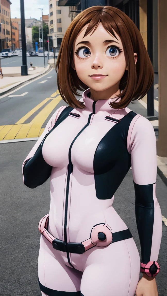ochakouraraka, ochako uraraka, (uraraka ochako:1.5), (brown eyes:1.5), brown hair, short hair, blush, blush stickers, smile,
BREAK (bodysuit:1.5), skin tight, superhero,
BREAK outdoors, city,
BREAK looking at viewer, standing, idle, hand on hip
BREAK (masterpiece:1.2), best quality, high resolution, unity 8k wallpaper, (illustration:0.8), (beautiful detailed eyes:1.6), extremely detailed face, perfect lighting, extremely detailed CG, (perfect hands, perfect anatomy),