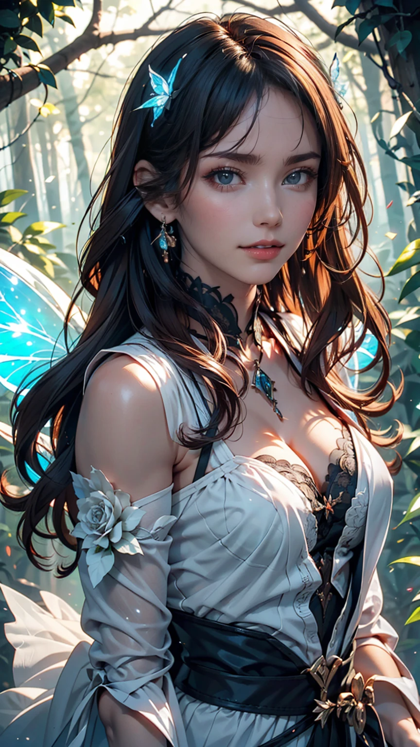 masterpiece, 1 Fairy, Flying fairy girl, Perfect Face, Light, Glass Tree Forest, Dramatic lighting, Blindfold, Super detailed, floating glow Lights, Depth of written boundary, (Shining Dust)