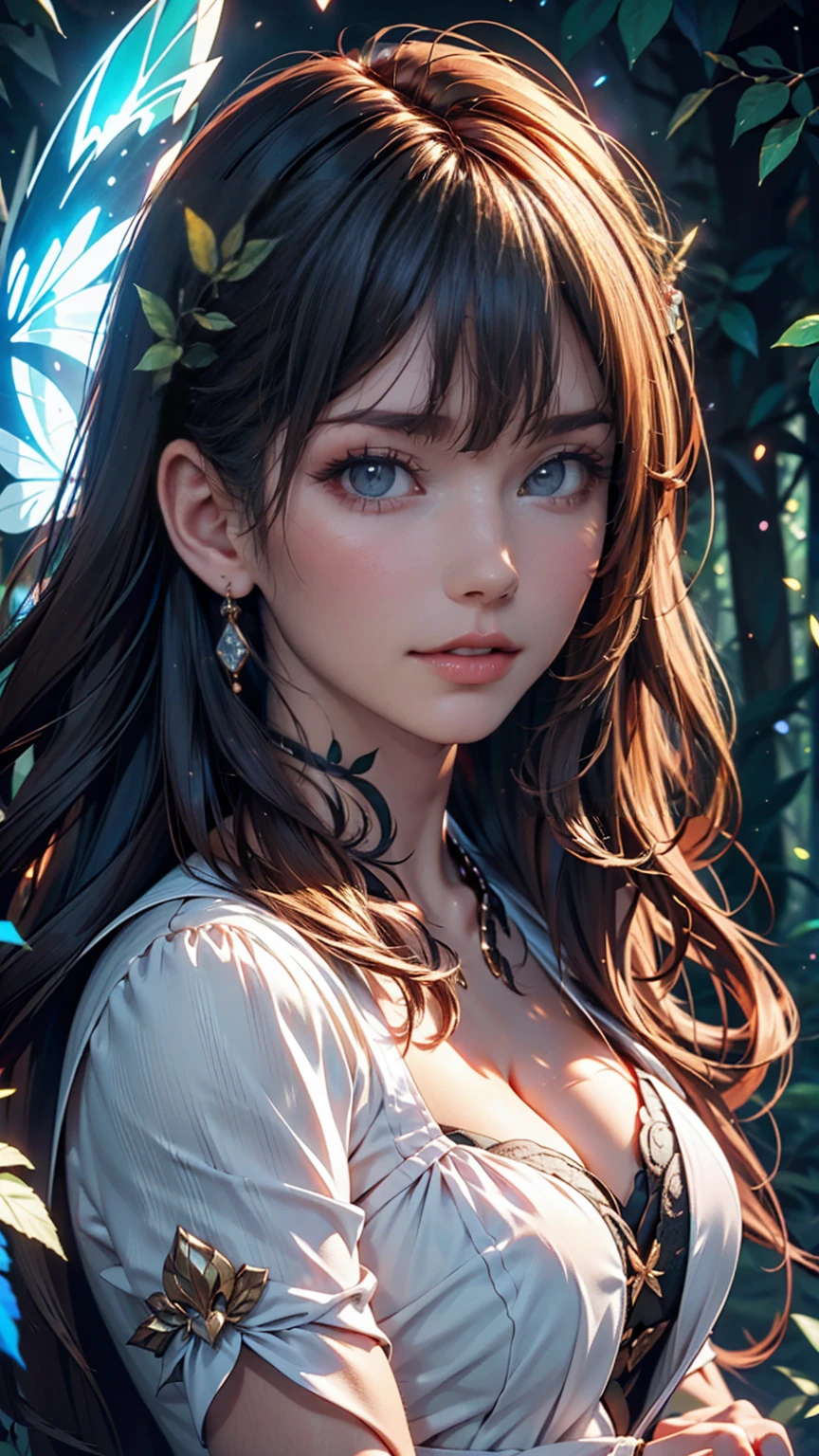 village field peasant woman, 24-year-old female, (face detail), magic lights, magic necklace, dress, neckline, (lacy), [[((forest)):((field)):0.25]:((village)):0.6], train on background, magic technologies, futurism, fantasy, magic, silk, 1girl, masterpiece, best quality, decollete, natural breasts, slim body, zettai ryouiki, medium length hair, (beautiful detailed bright eyes), portrait, (full body), (beautiful and aesthetic:1.2, fractal art:1.4), most realistic, hyper-realistic, RAW, highest quality, best quality, Detailed, Realistic, 4k highly detailed digital art, octane render, bioluminescent, (cool_color), best pixels, 8k ultra, extremely detailed CG unity 8k wallpaper, cinematic lighting