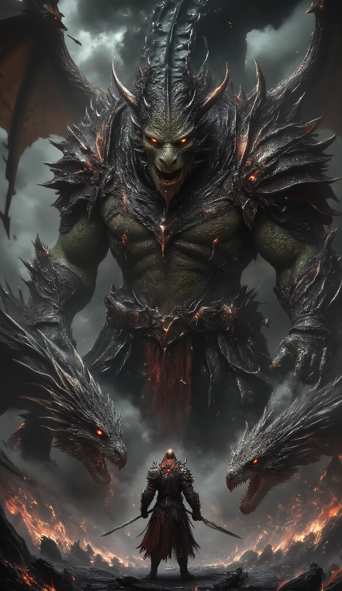 Dragon, warrior and Ogre: A dark fantasy scene featuring a towering green-skinned ogre warrior with glowing orange eyes, clad in jagged black armor with a tattered red cape. His muscular body is covered in battle scars, and he grips a massive warhammer resting against the scorched ground. Beside him, a ferocious black dragon with obsidian scales and fiery red eyes spreads its wings, roaring as smoke and embers rise around them.
Facing them, a fearless human warrior in dark plate armor with a crimson cape stands his ground, gripping a longsword with both hands. His helmet reflects the dragon’s fiery glow, and his stance exudes determination despite the overwhelming odds. The battlefield is a desolate wasteland, with shattered weapons, burning debris, and storm clouds swirling overhead. Dramatic lighting, hyper-realistic details, intense cinematic composition, evoking a sense of impending doom and epic conflict.