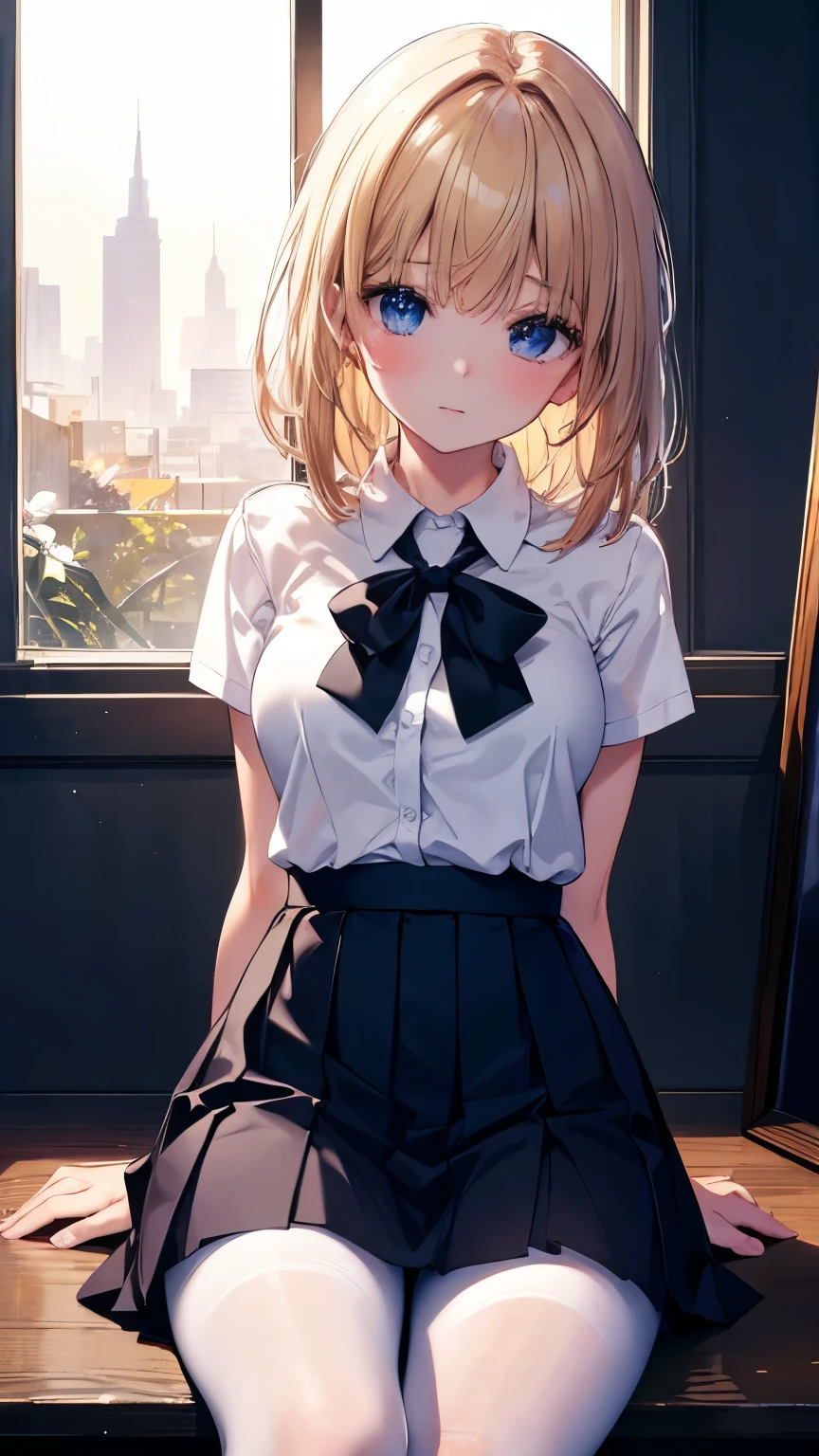 ultra actual 8k cg, picture- perfect face , flawless, Clean, masterpiece, professional art , Famous Paintings, perfect face , beautiful face, beautiful eyes, (( Perfect Female Body )), alone,( immersive atmosphere , Light and Dark Contrast:1.5, bright light :1.2,Brilliant lighting )
,,( blush:0.5), Seductive Expressions , extremely detailed _ eyes, thick thighs , big ,
beautifully 细节ed background,Depth of Field, actual :1.3, Long Shot,1 Girl,shirt,Pleated Skirt, school uniforms, Sitting, whole body,
( ambient light :1.3),( Cinematic composition :1.3),( neon on front:0.1),(HDR:0.1),Mood lighting, white pantyhose,