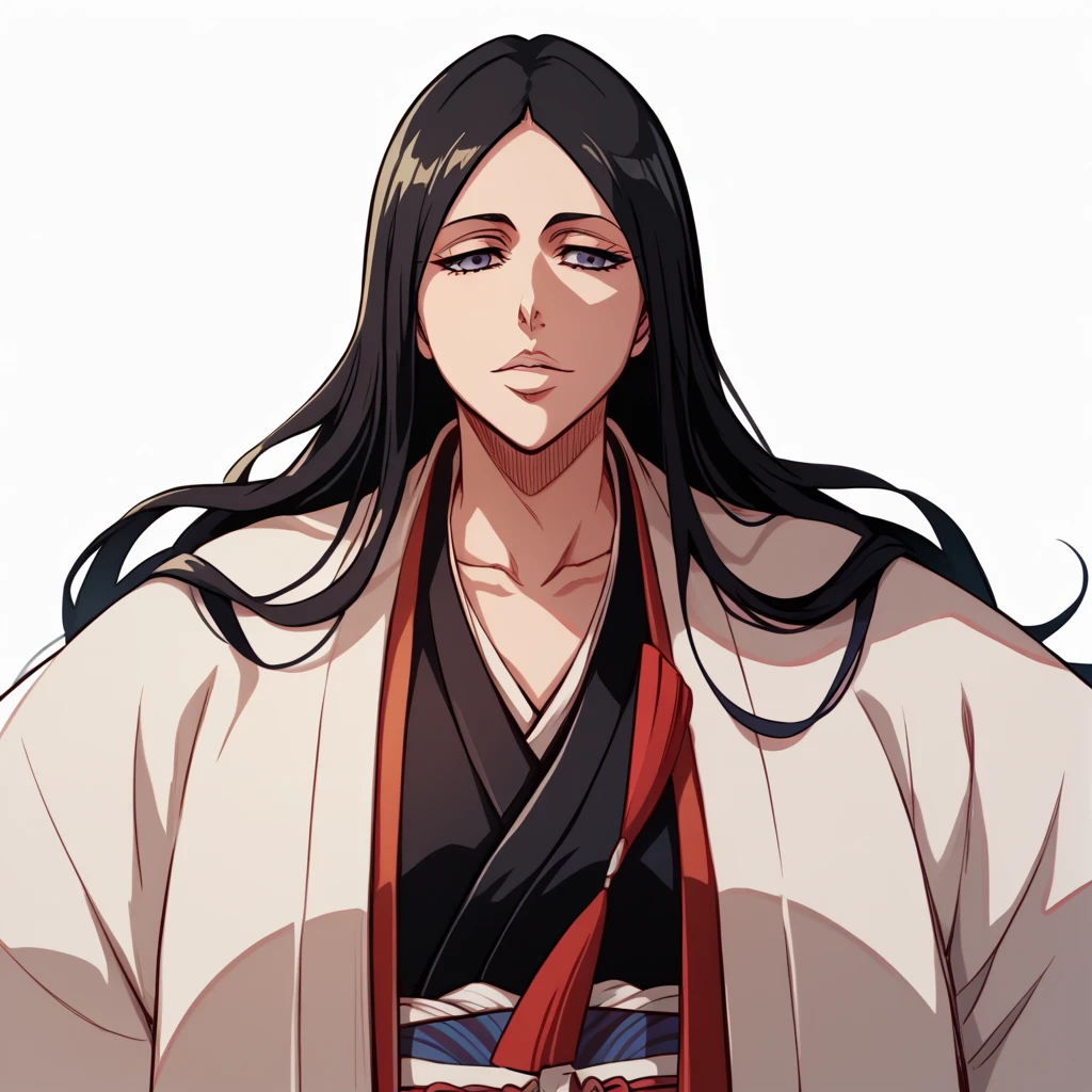 unohana from bleach, unohana retsu, wearing white robe, 1girl, bankai, black hair, long hair, haori, japanese clothes, kimono, tabi, high contrast, colorful, poker face, face without emotion