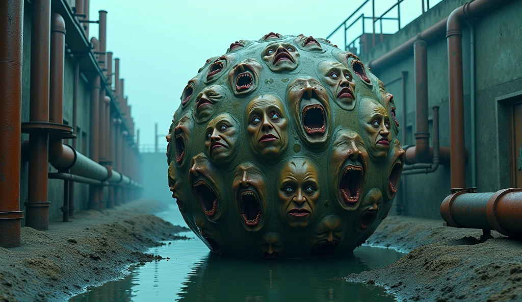 Best image quality, masterpiece, multiple human faces on a single round creature, infatuated expression, sewage treatment plant background, detailed skin expression, detailed image texture, brutal, grotesque, horror, eerie atmosphere, (not AI image), cloudy weather