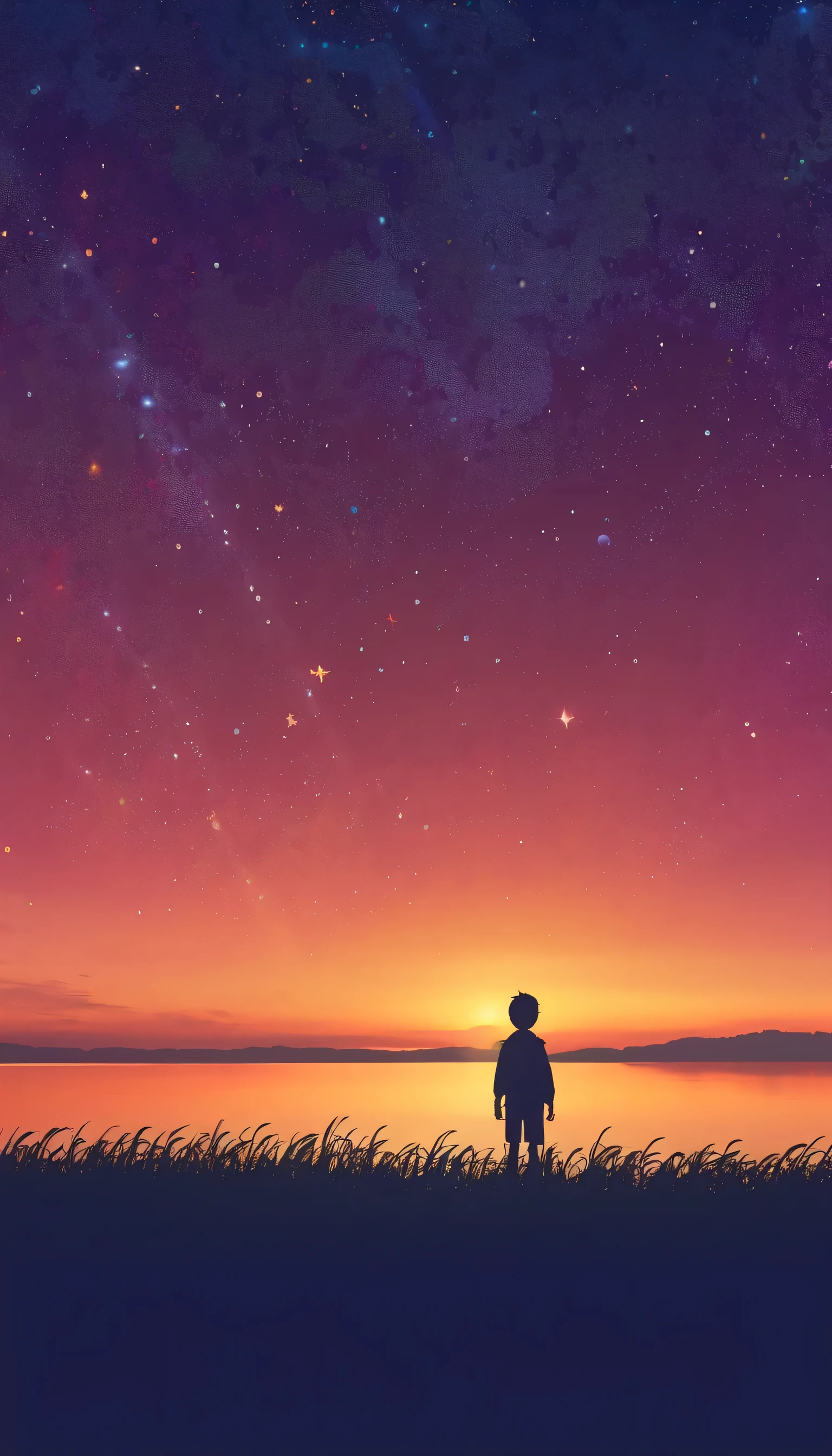 Draw a simple art in Tintinpixai style,minimalist a boy pequeño long exposure starry sky with many circular orbits, focus at stars,silhouette Anime beautiful peace scene, verano sun sunset nostalgic animated animated art background, Makoto Shinkai!!, anime movie background best of seaart hd 8k