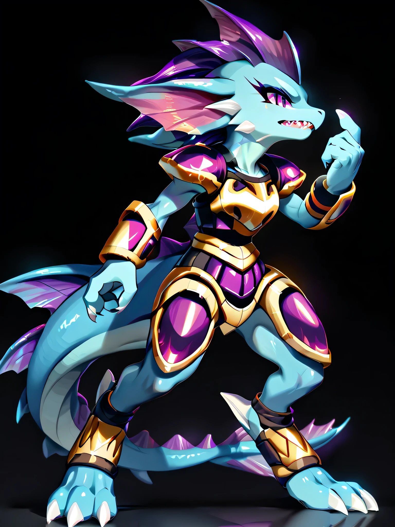 Anime, ((anime style)), athletic build, ((safe for work version:1.5)), solo drawing, solo, ((Solid Black Background)), ((vivid purple eyes)), ((sharp draconic ear spines)), ((sharp head spines)) ((purple fins)), ((tall figure)), ((standing)), ((digitigrade legs)), ((digitigrade feet)), ((highly detailed anime style)), ((black and gold armor)), clean anime style lines, claws, Merga from freedom planet 2, female, blue skin, white claws, short muzzle,  ((leg armor)), ((ankle guards)), ((stern expression)), black leggings under armor, light armor, hands at sides, sharp teeth