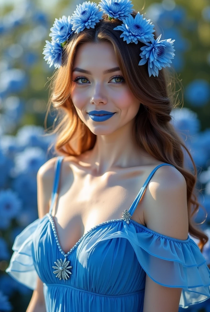 Best Quality, ultra detailed, photorealistic: 1.39), Naked 19 year old naughty teen face., Girl in love with big breasts, bright and vibrant colors, studio lighting, romantic expression, Elegant makeup, long blue hair blowing in the wind, attractive eyes, bright lips, pose sexy, beautiful roses, smiling confidently and seductively, posing for a professional photo shoot, shallow depth of field, soft natural lighting, creating a romantic and magical atmosphere. in the clothing store, ((Full body photo)