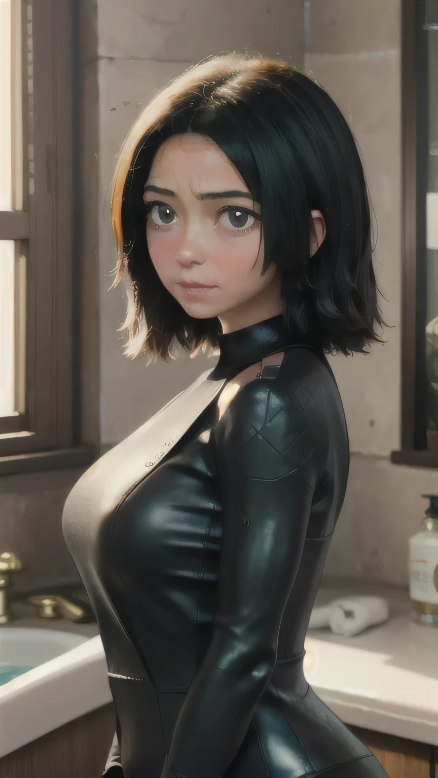 make me a beautiful 24-year-old woman , with tanned skin and big breasts , touching herself under her vibrantly colored shirt . Her face is blushed with emotion as she stares intently at the spectator , Feeling nervous . The room is bathed in sunlight coming through the window behind her, , which offers a stark contrast to her shiny skin .