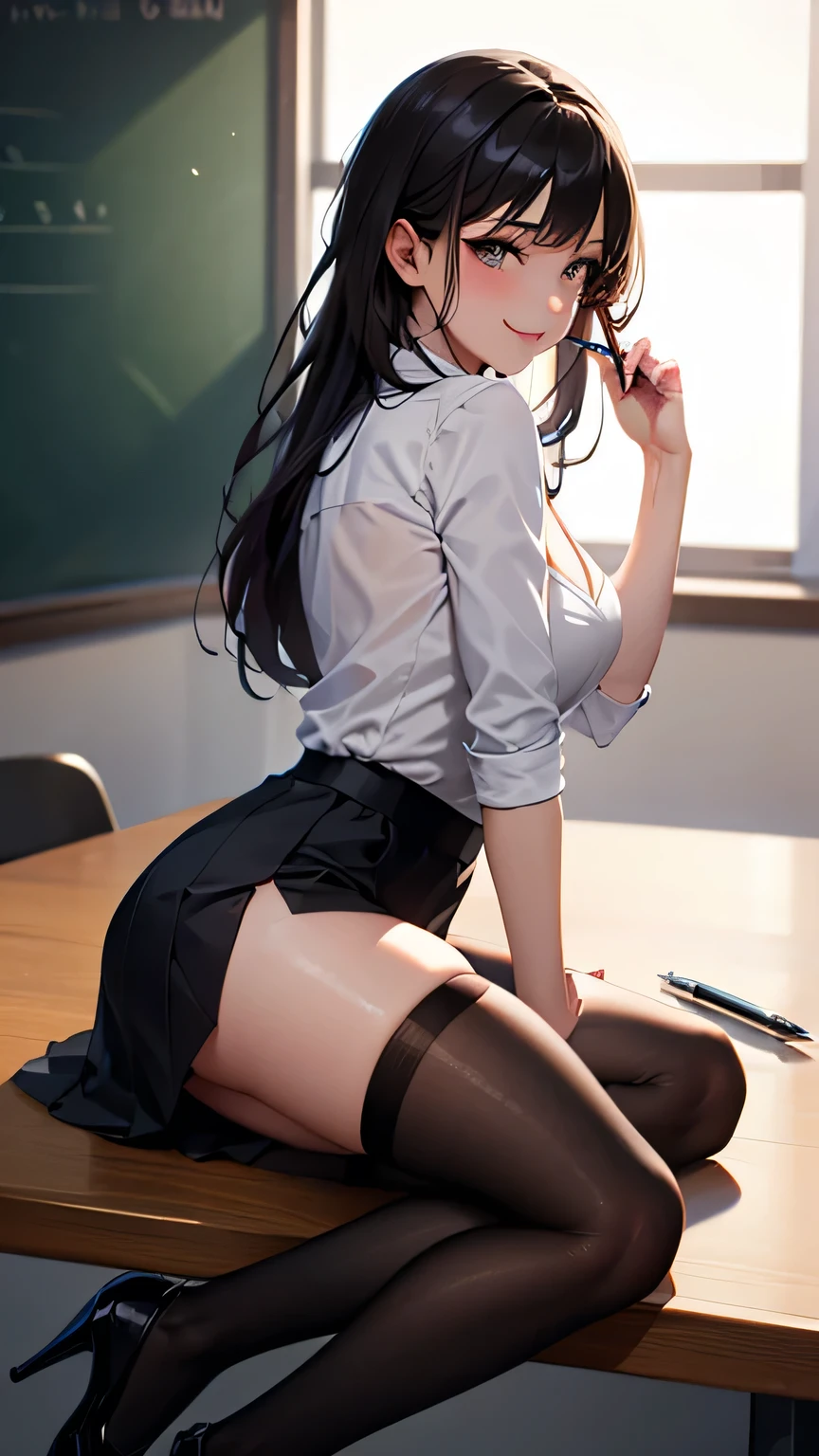 top-quality、masterpiece、UHD image quality、Ultimate Beauty、Black hair medium ponytail、high-school uniform、school classrooms、Sitting on a chair、Wearing stockings