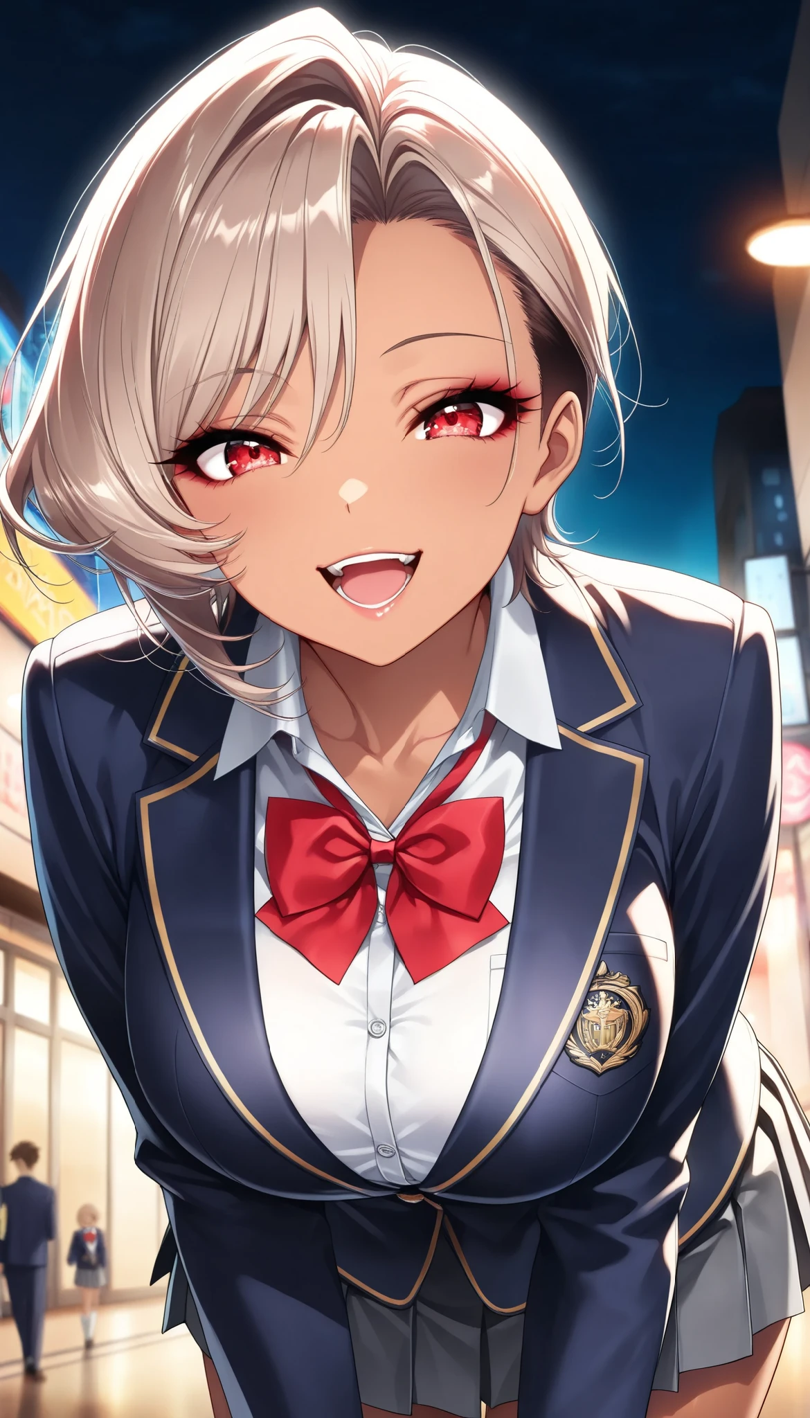 1 young woman :1.2, ( brown skin:1.6,  red eyes, smile,  open your mouth ),  light brown hair,  short hair, Right side undercut,  asymmetrical hair,  beautiful eyes,  beautiful lips,  very detailed目と顔,  long eyelashes,  beautiful big breasts, Beautiful Kurodan , ( school uniform,  navy blue blazer,  shirt, Red bowtie,  gray pleated skirt),  standing,  low angle:1.2, ( cowboy shot), Neon street environment at night ,  downtown background, Glamorous Light ,  light shining in ,( highest quality:1.2,  very detailed,  high detailed CG illustration ,  Soft Focus ,  Masterpiece:1.2,  Best Aesthetics),